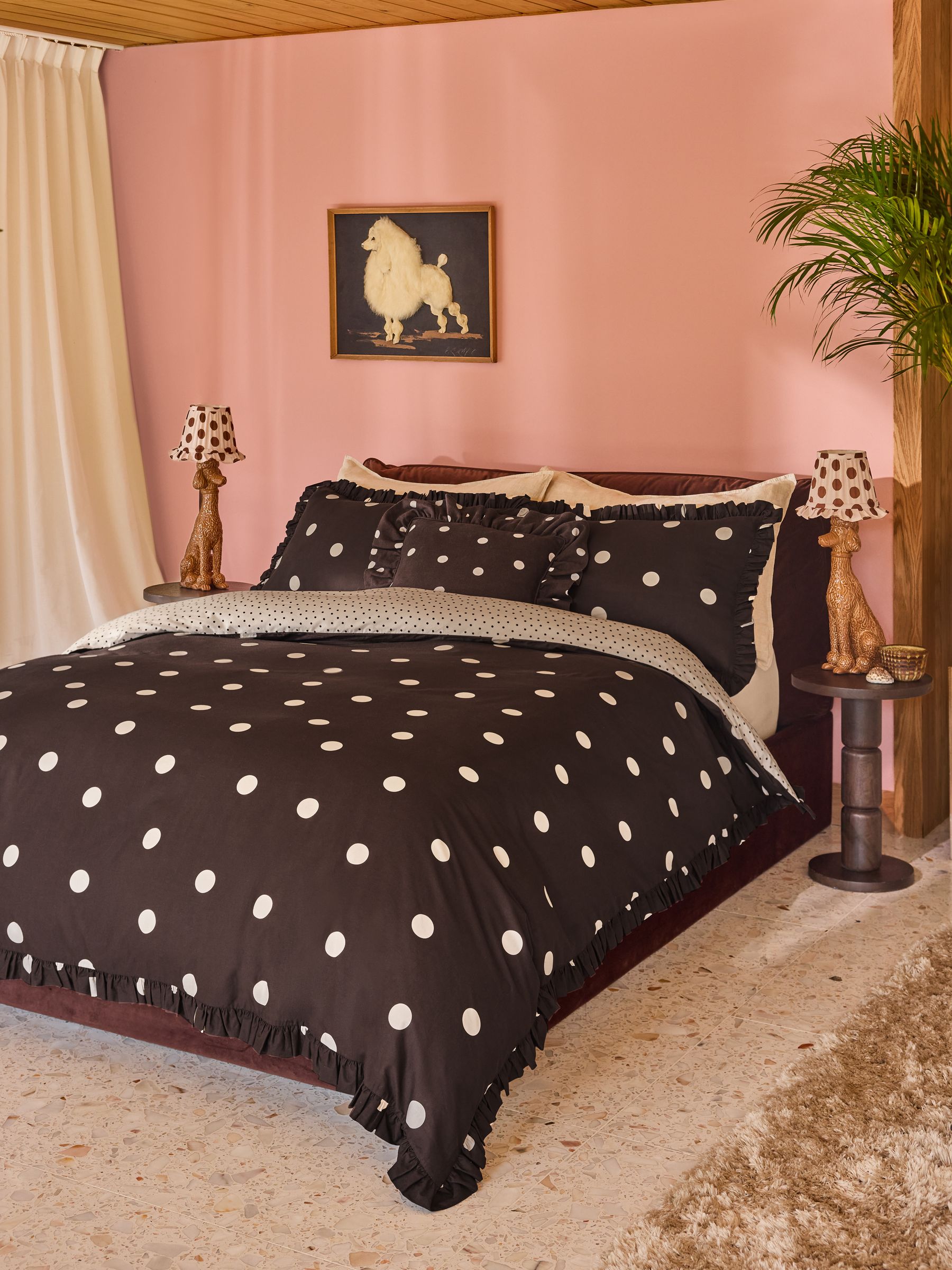 Poodle & Blonde Chocolate Brown Polka Dot Frill 100% Cotton Bedset - Image 1 of 6