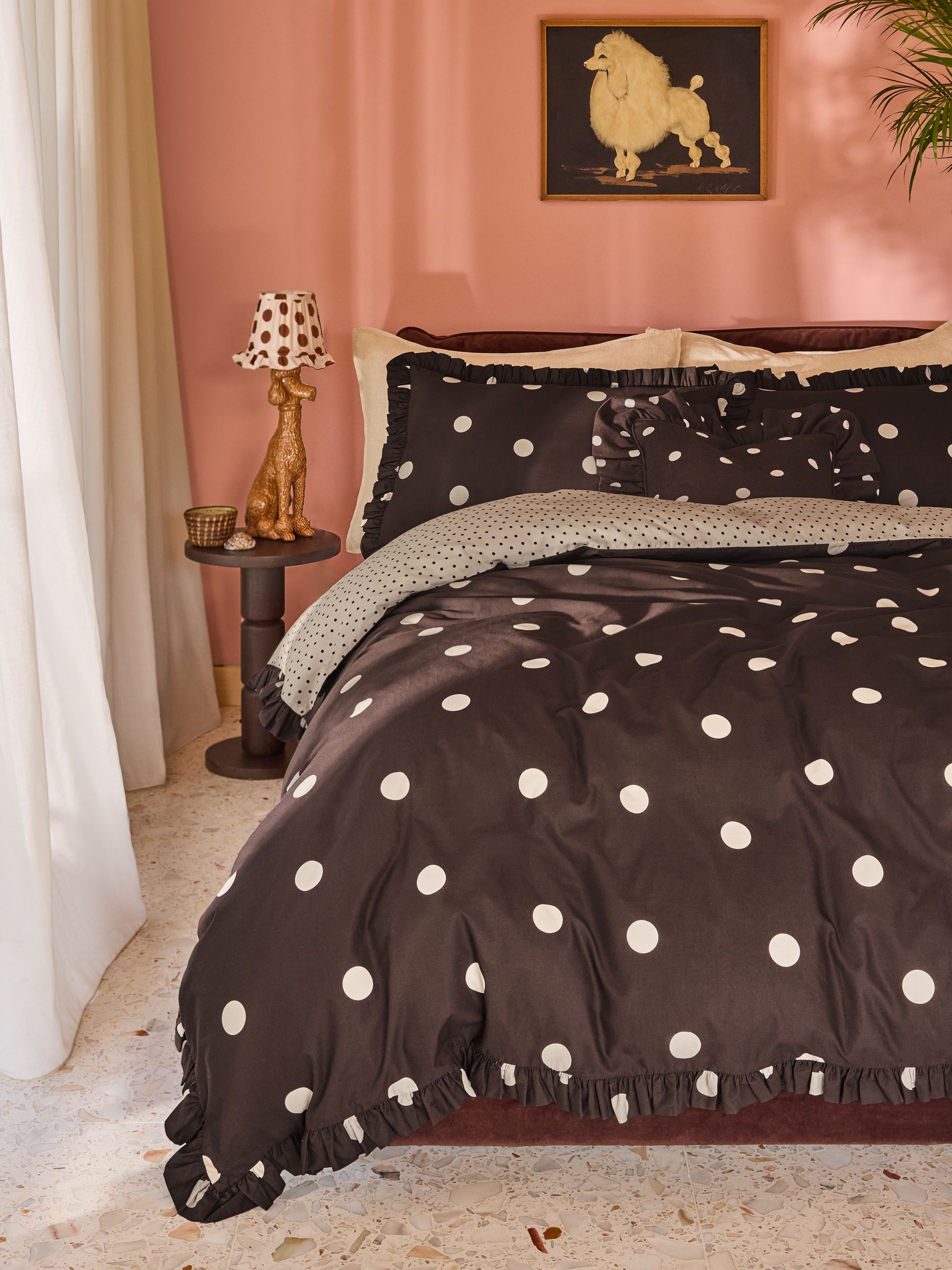 Poodle & Blonde Chocolate Brown Polka Dot Frill 100% Cotton Bedset - Image 2 of 6