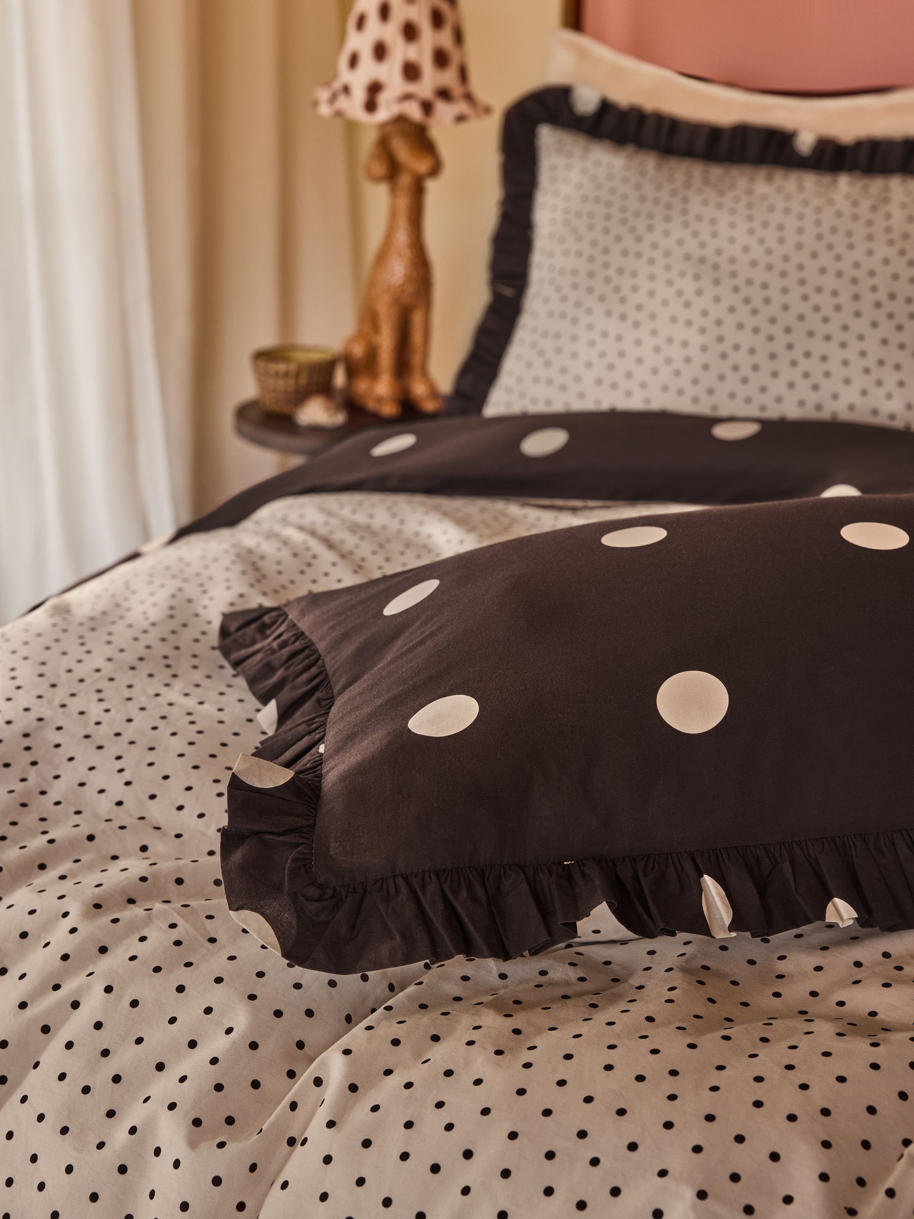 Poodle & Blonde Chocolate Brown Polka Dot Frill 100% Cotton Bedset - Image 4 of 6