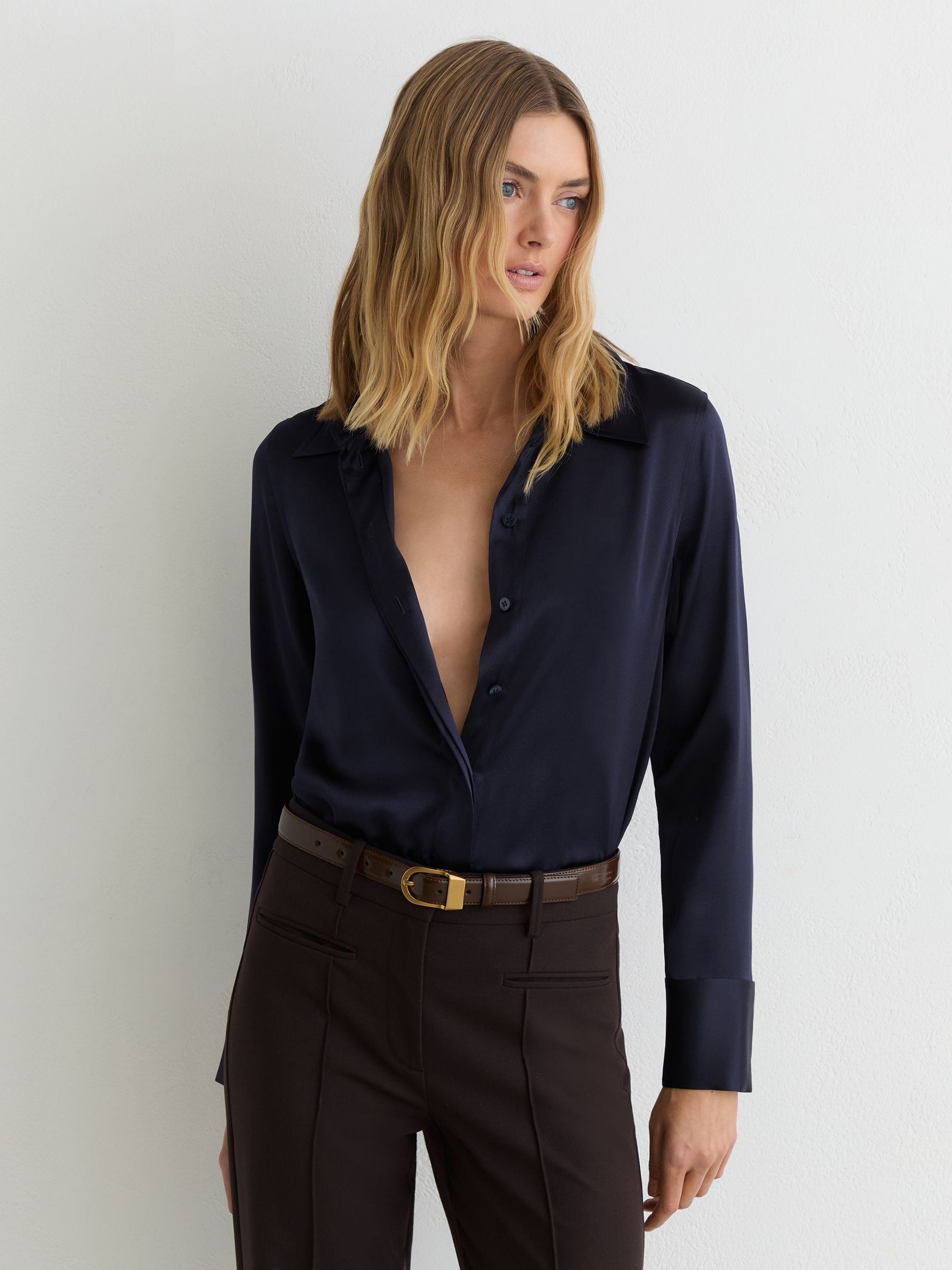 Silk-Satin Concealed-Placket Shirt in Navy - Image 1 of 7 Silk-Satin Concealed-Placket Shirt in Navy - Image 1 of 7