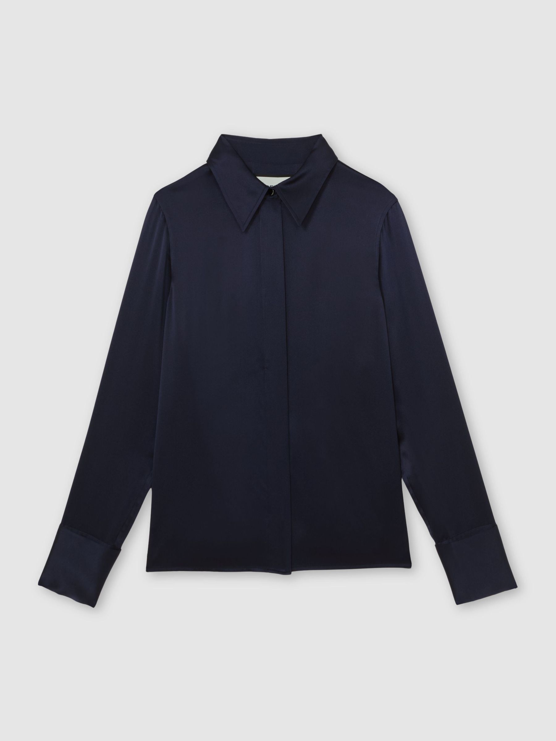 Silk-Satin Concealed-Placket Shirt in Navy - Image 2 of 7