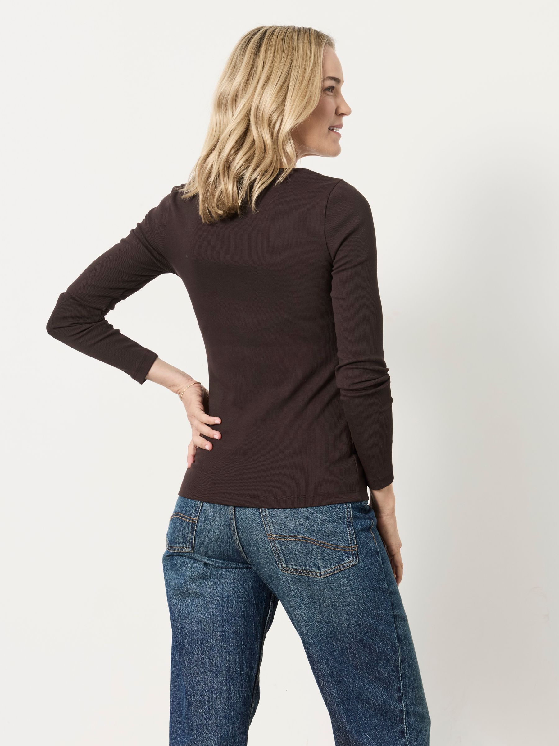 Bethan Chocolate Brown Button Ribbed Long Sleeve Top - Image 2 of 6 Bethan Chocolate Brown Button Ribbed Long Sleeve Top - Image 2 of 6