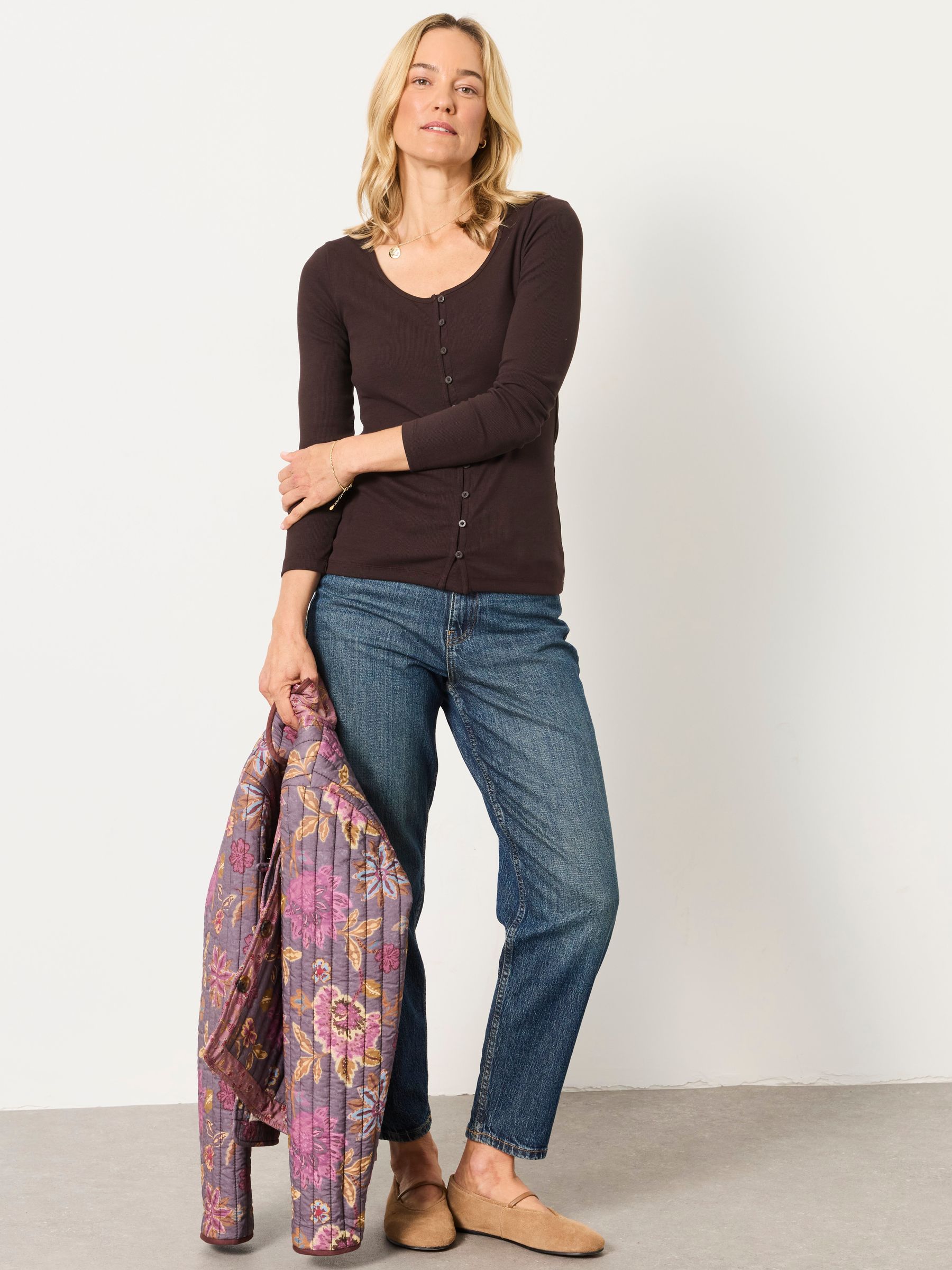 Bethan Chocolate Brown Button Ribbed Long Sleeve Top - Image 4 of 6