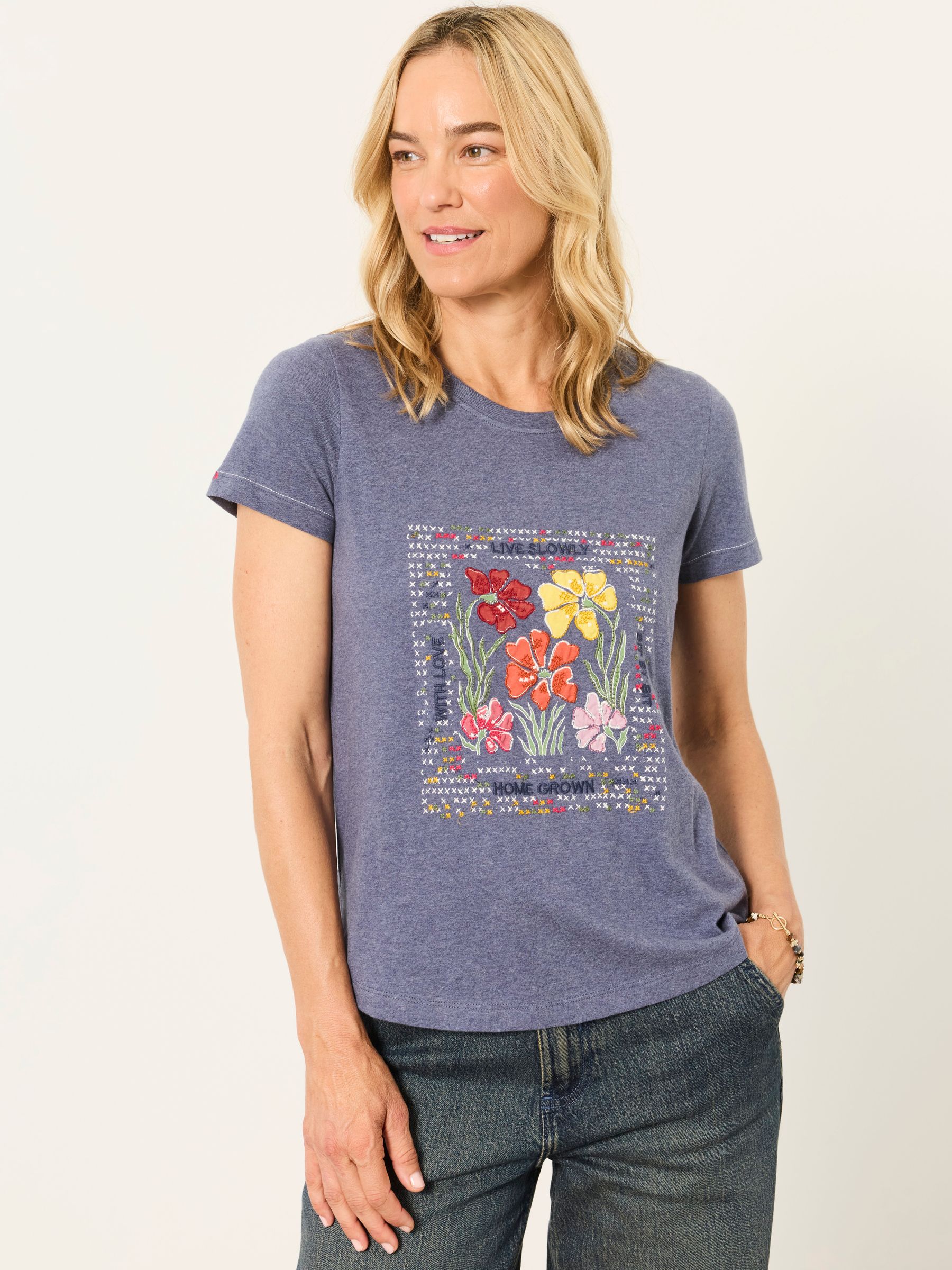 Denim Blue Floral Cross Stitch Graphic T-Shirt - Image 1 of 6