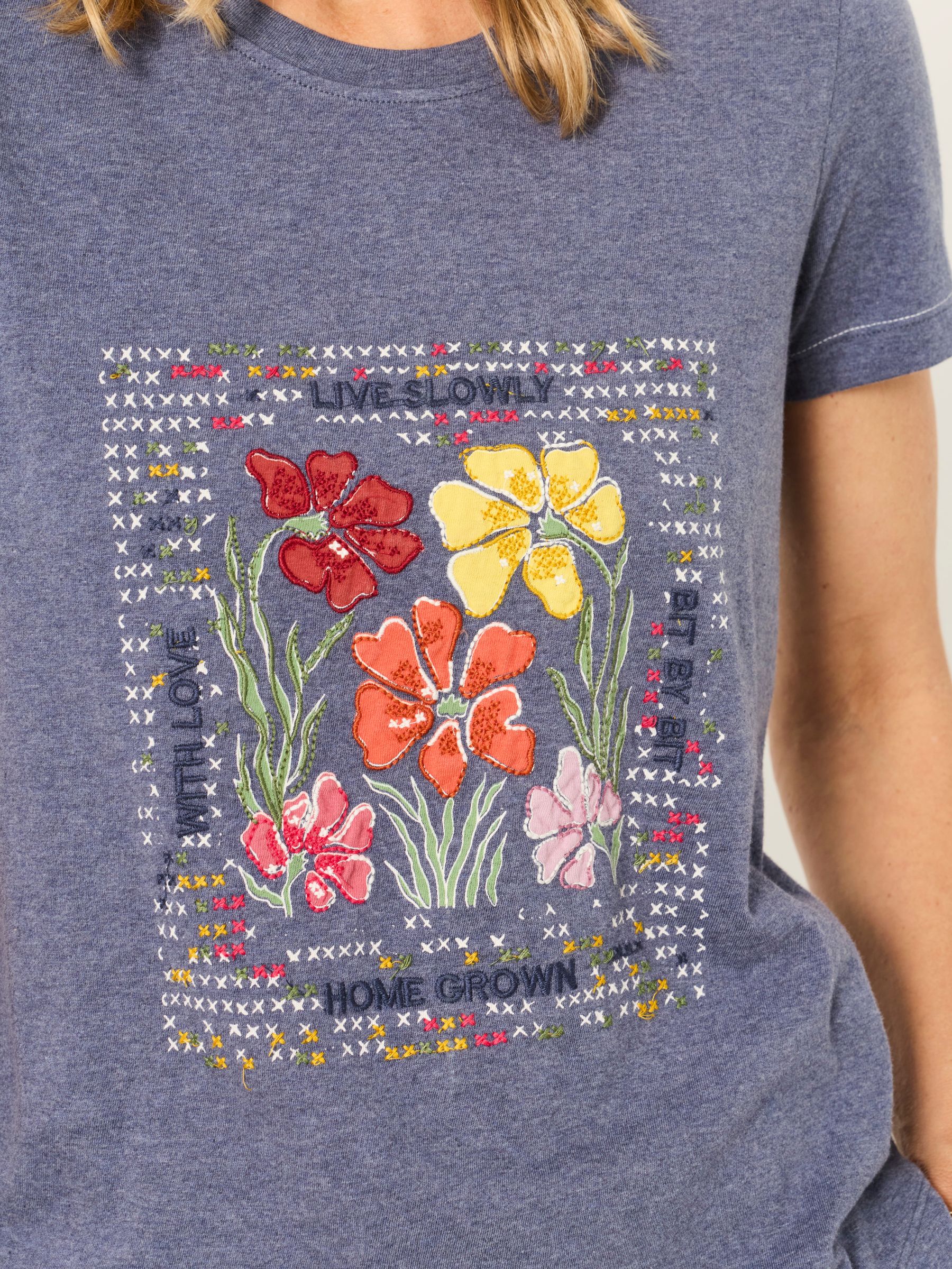 Denim Blue Floral Cross Stitch Graphic T-Shirt - Image 3 of 6