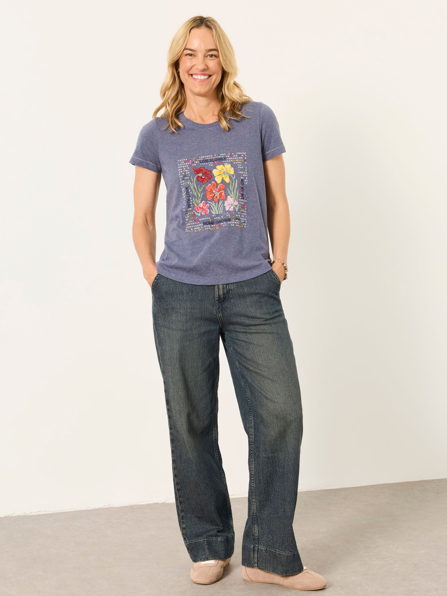 Denim Blue Floral Cross Stitch Graphic T-Shirt - Image 4 of 6