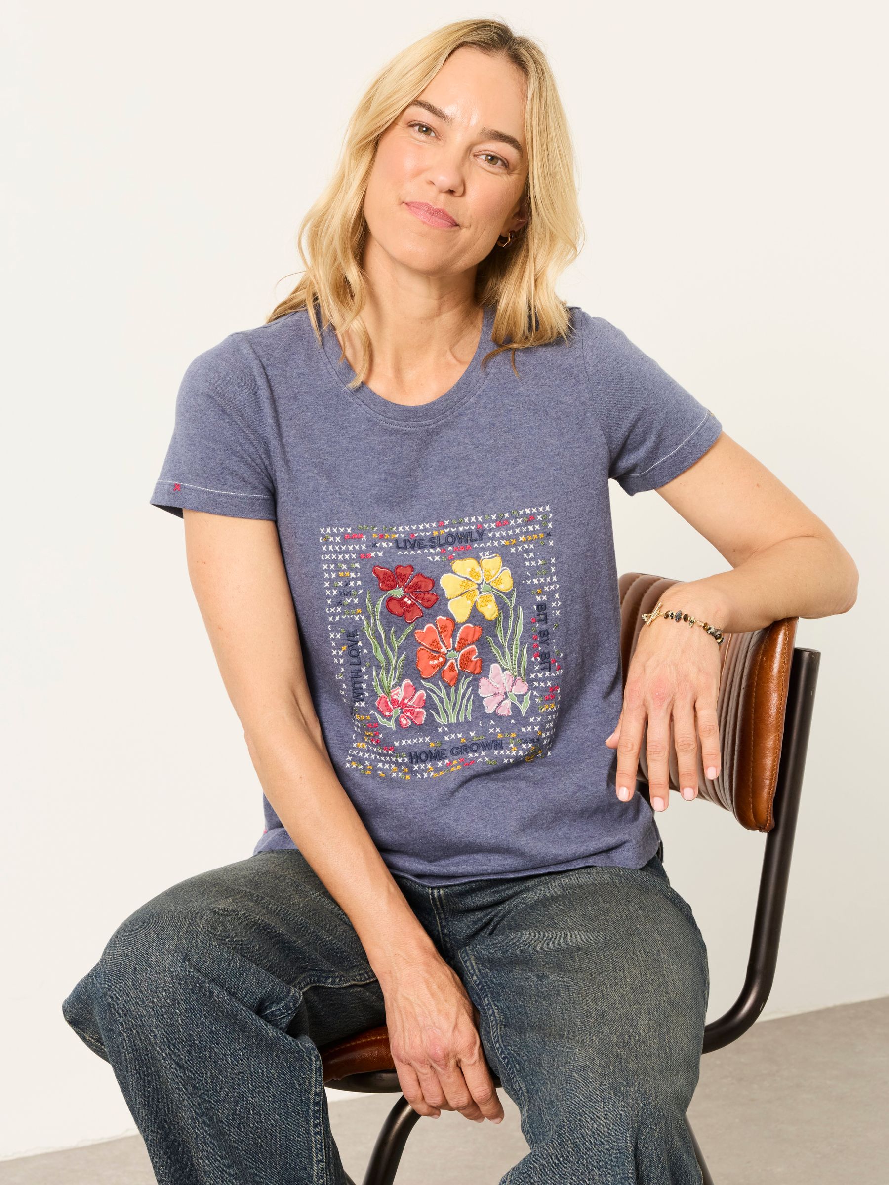 Denim Blue Floral Cross Stitch Graphic T-Shirt - Image 5 of 6