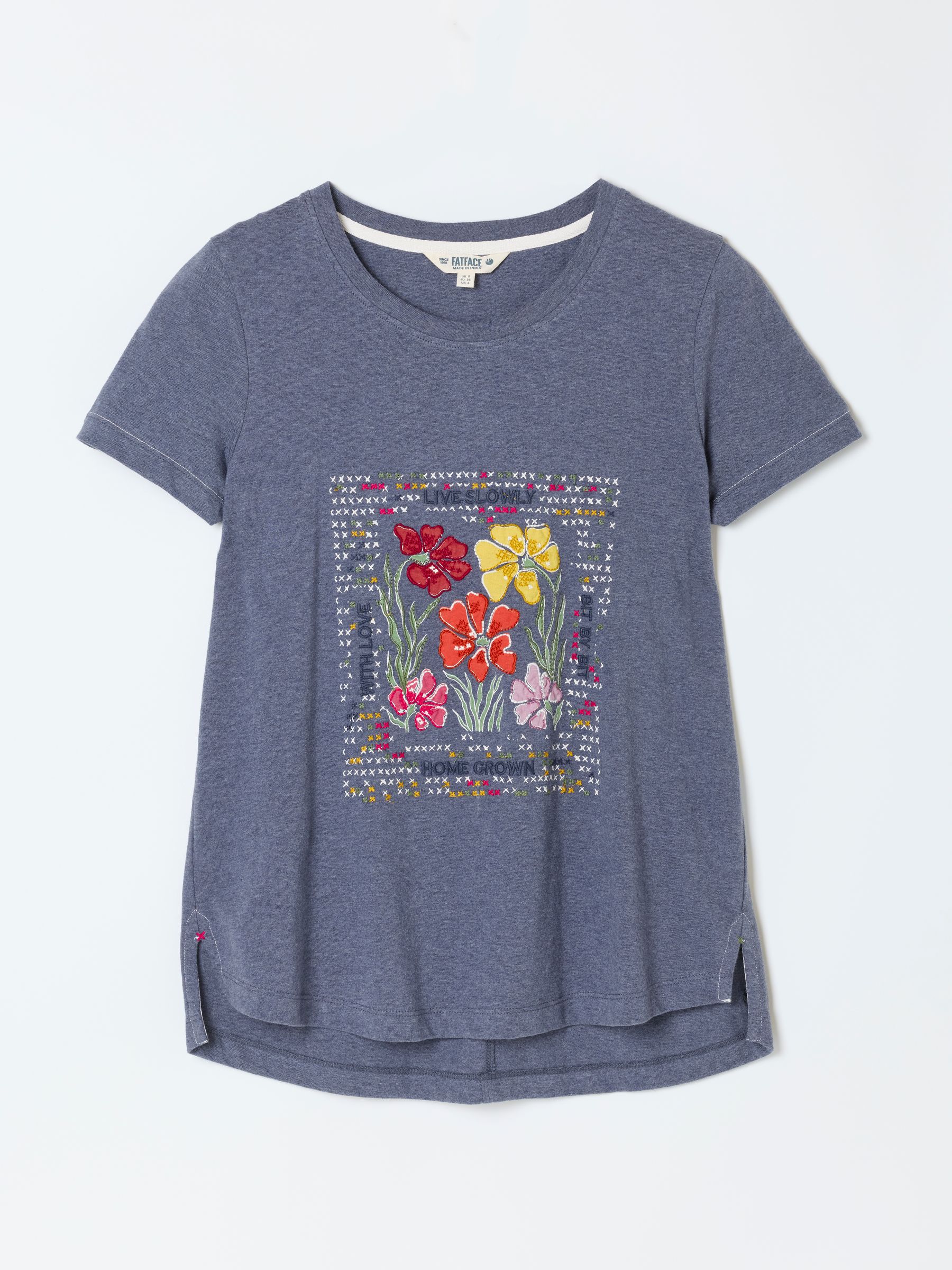 Denim Blue Floral Cross Stitch Graphic T-Shirt - Image 6 of 6