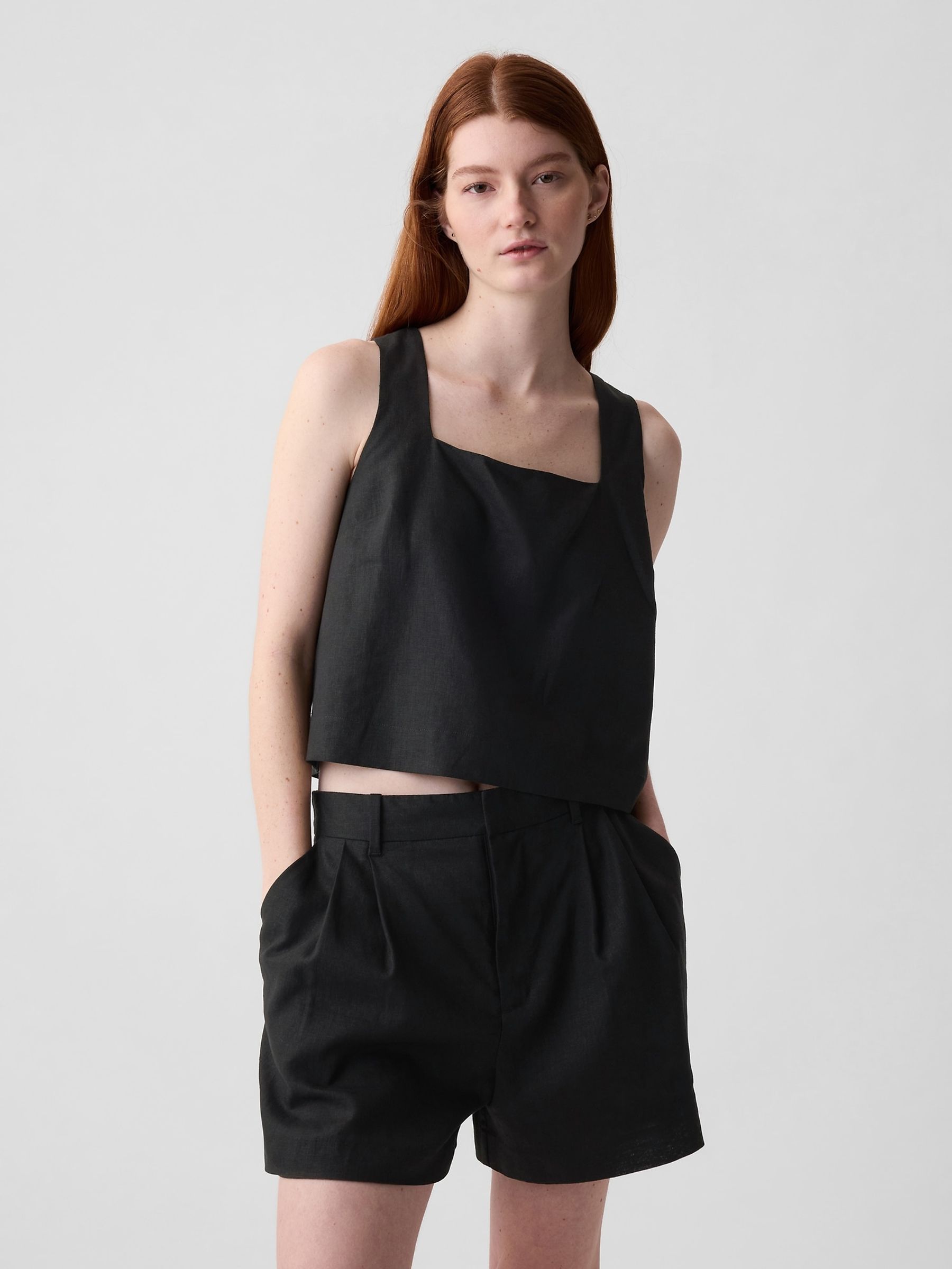 Black Linen Blend Button Back Cropped Vest Top - Image 1 of 1
