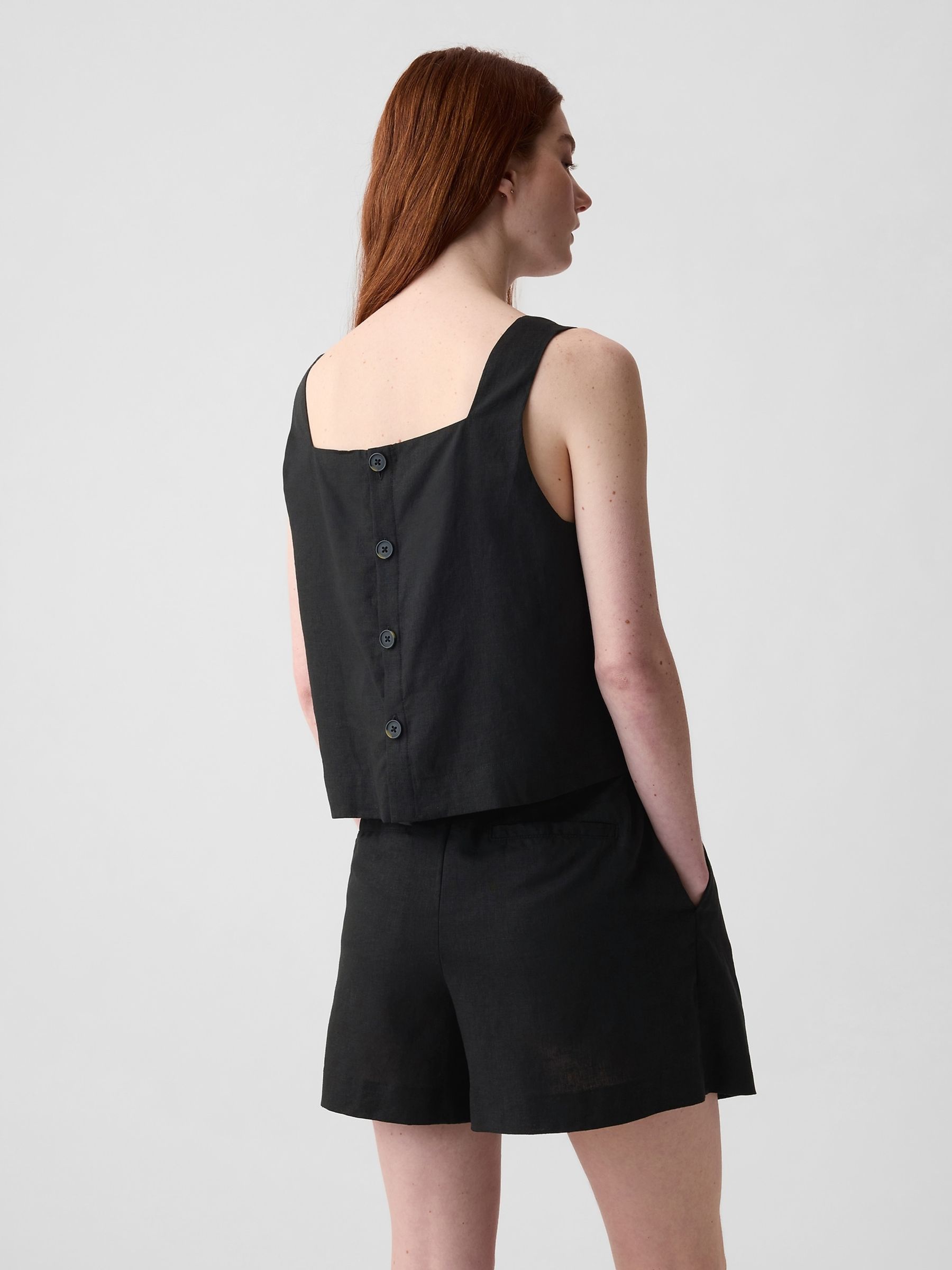 Black Linen Blend Button Back Cropped Vest Top - Image 2 of 4
