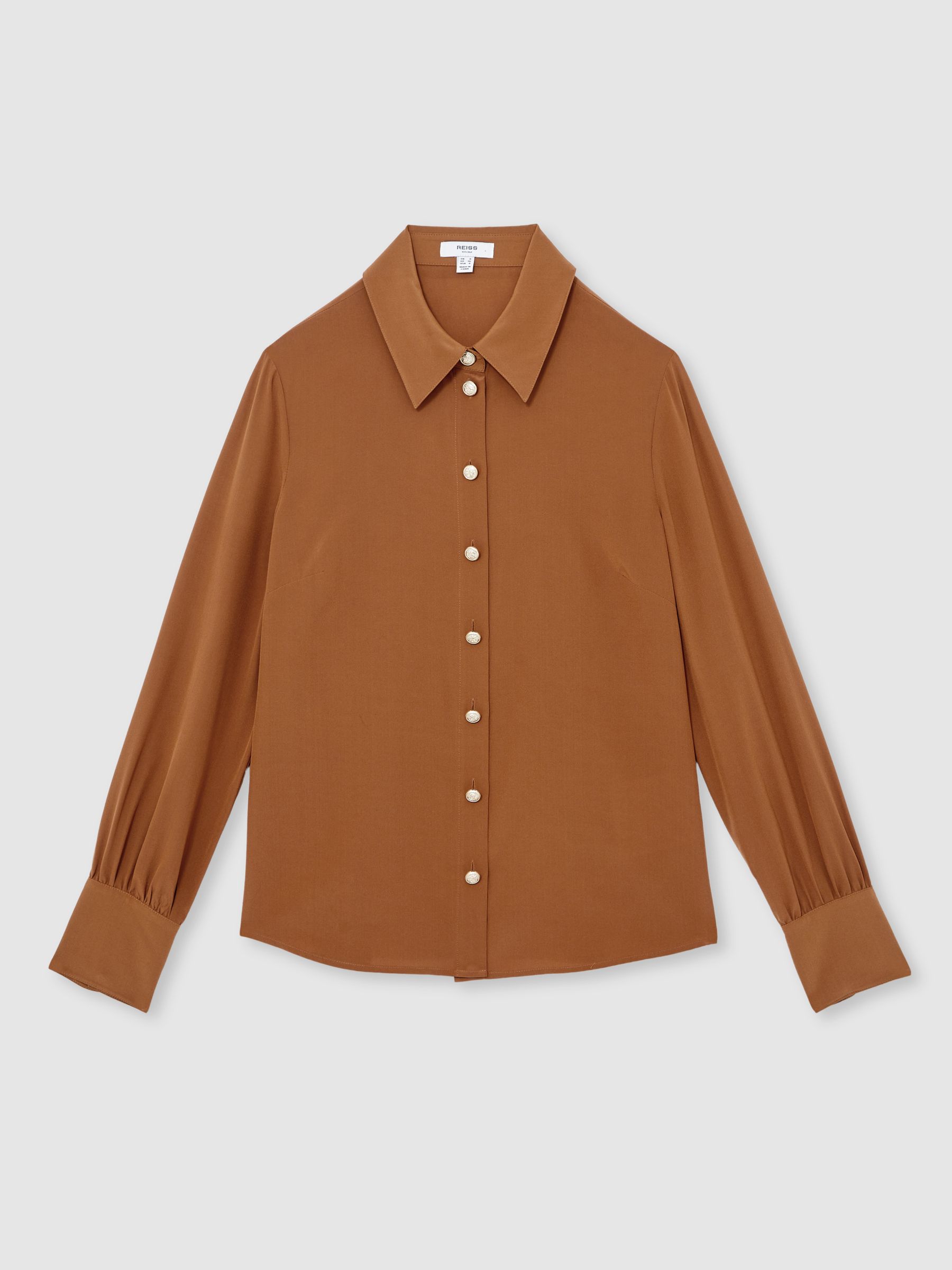 Silk Embossed-Button Shirt in Tan Brown - Image 2 of 6