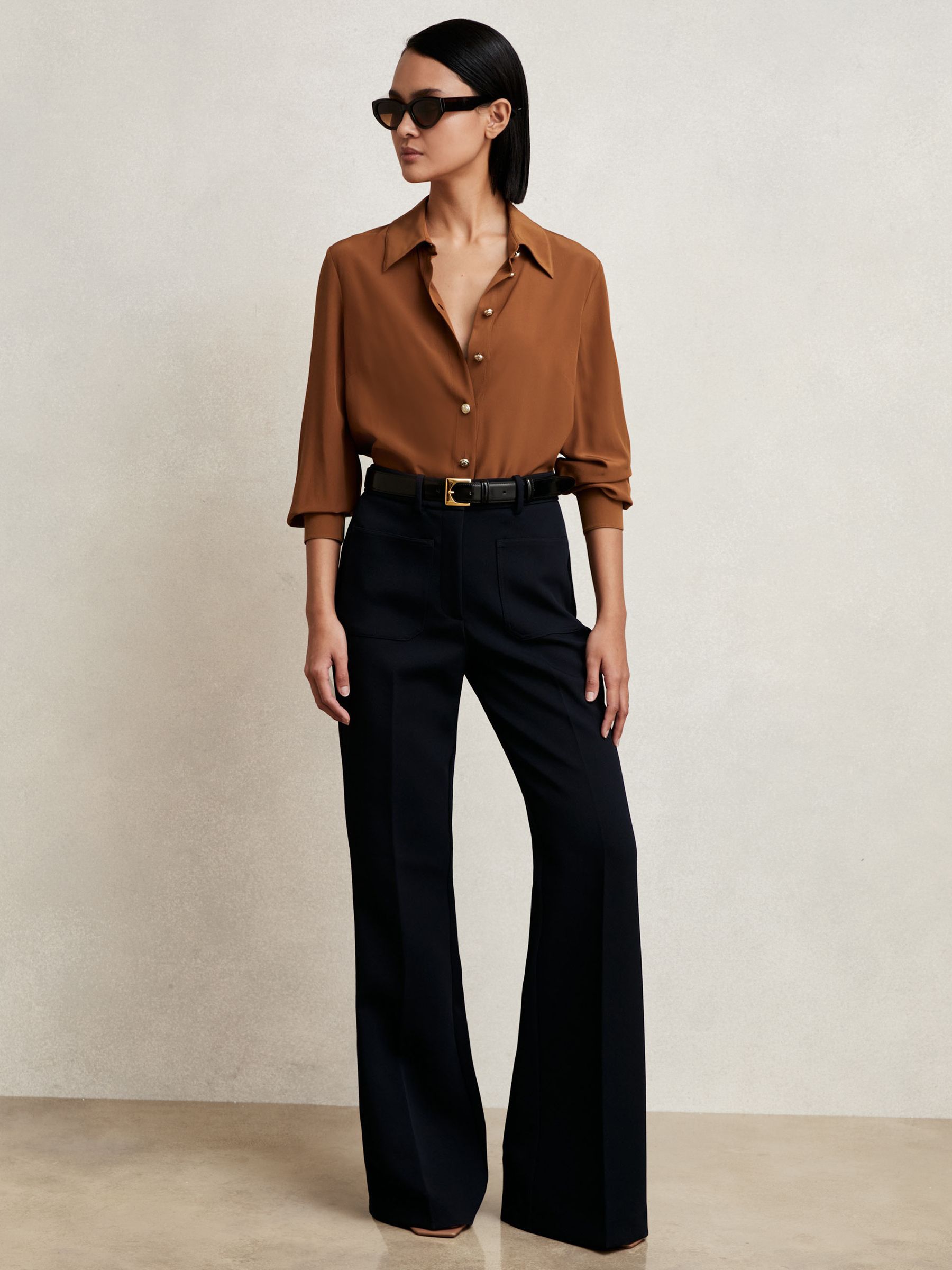 Silk Embossed-Button Shirt in Tan Brown - Image 3 of 6