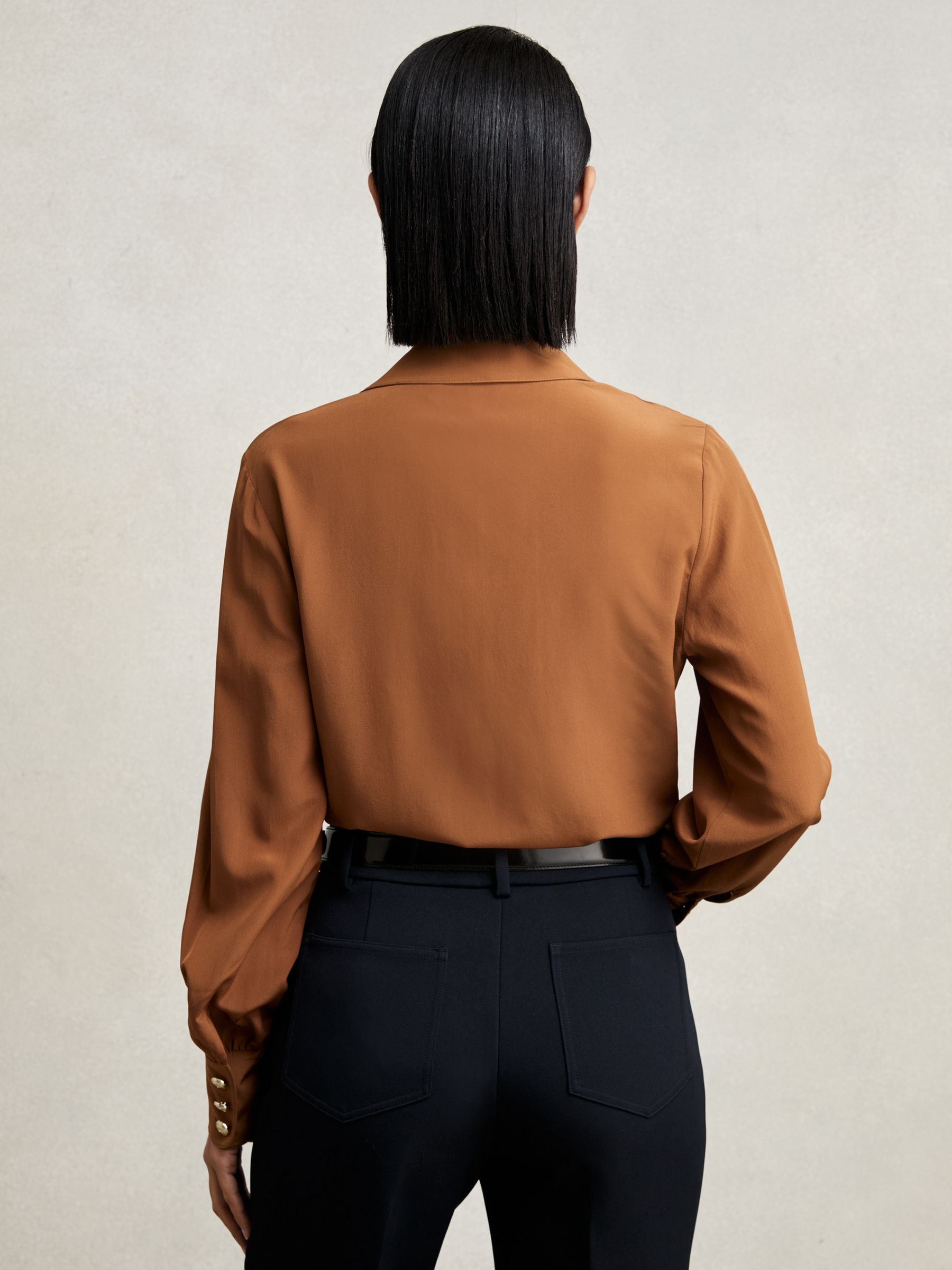 Silk Embossed-Button Shirt in Tan Brown - image 4