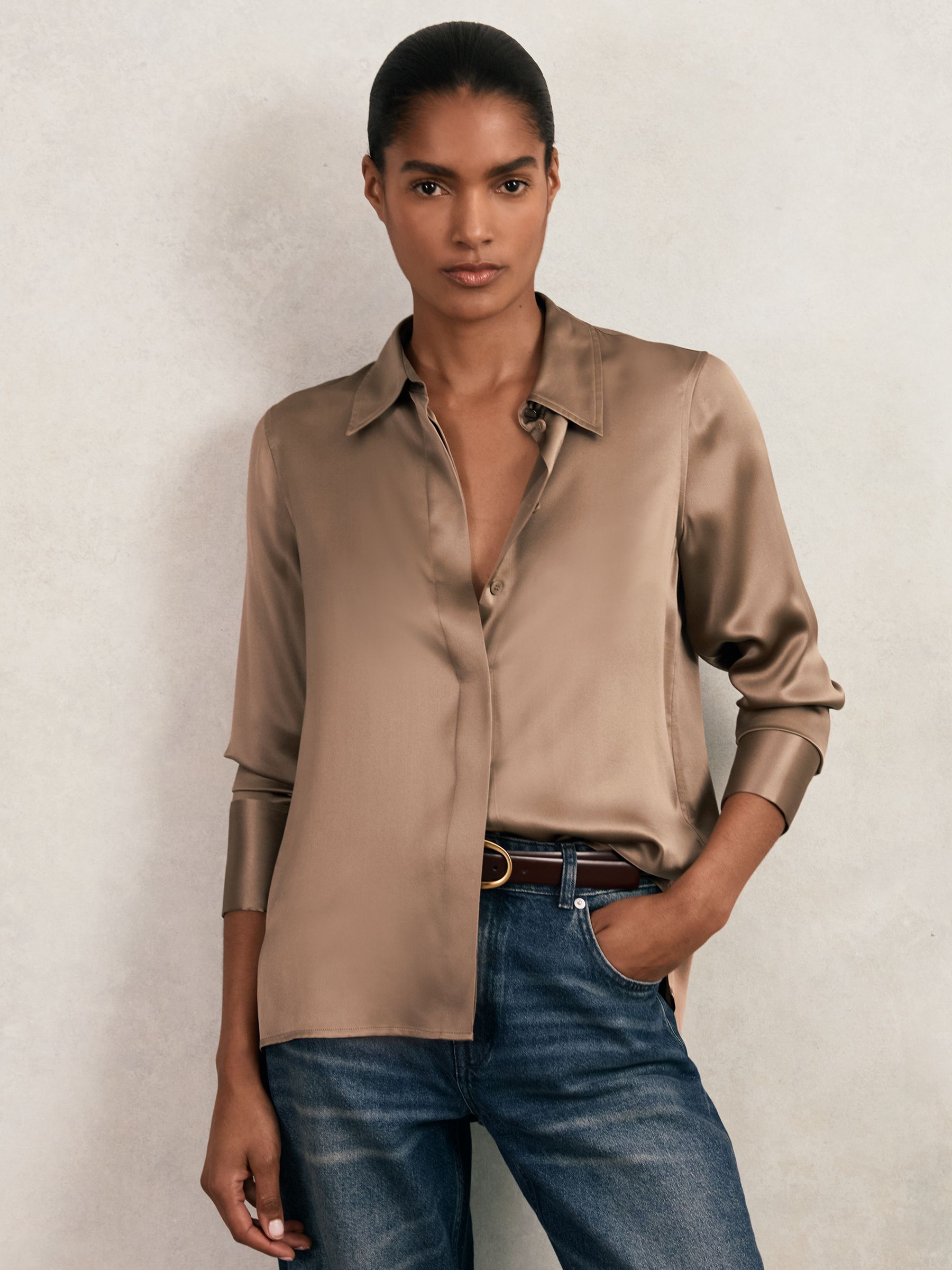 Silk-Satin Concealed-Placket Shirt in Taupe Brown - Image 1 of 6