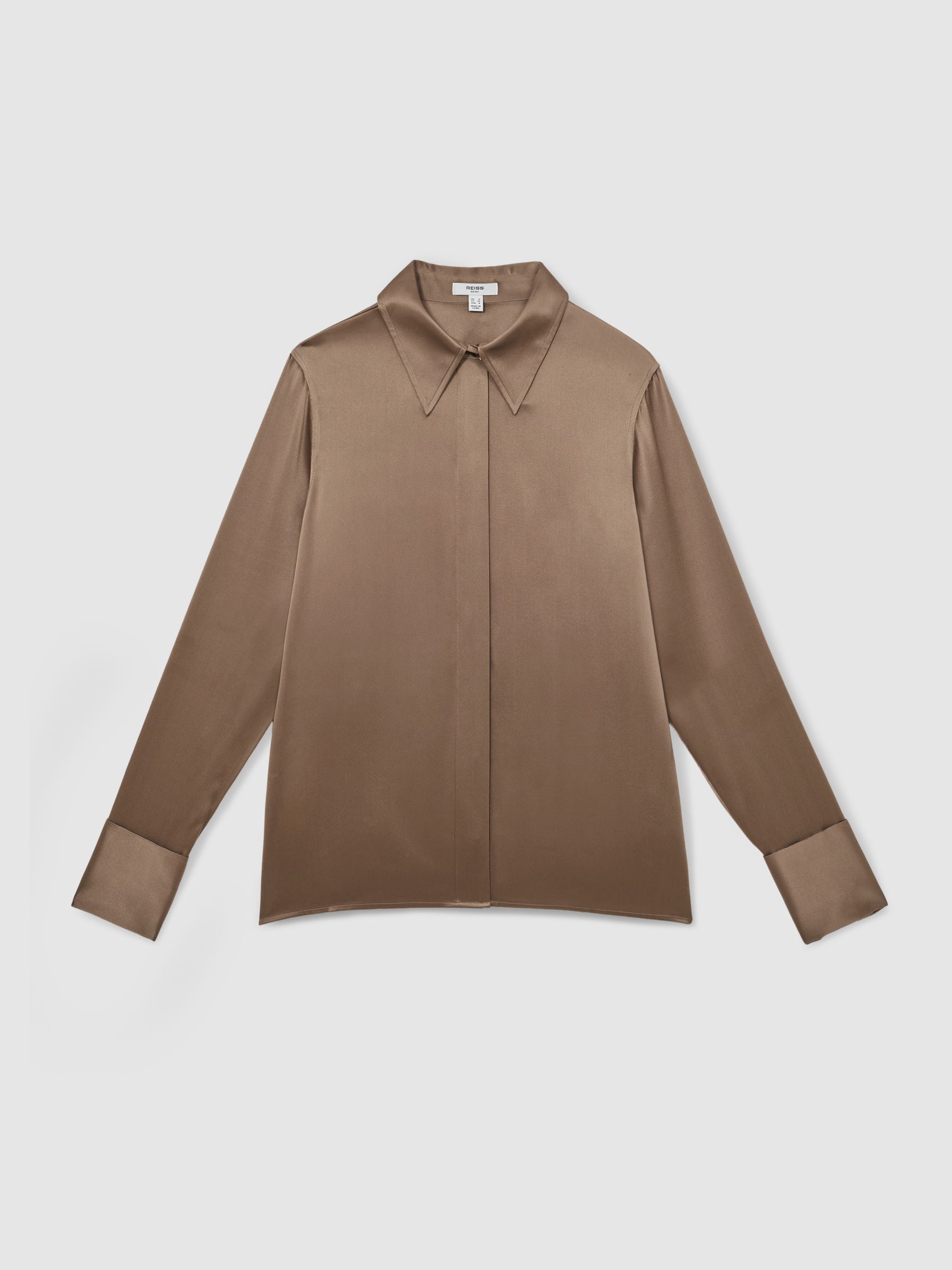 Silk-Satin Concealed-Placket Shirt in Taupe Brown - Image 2 of 6