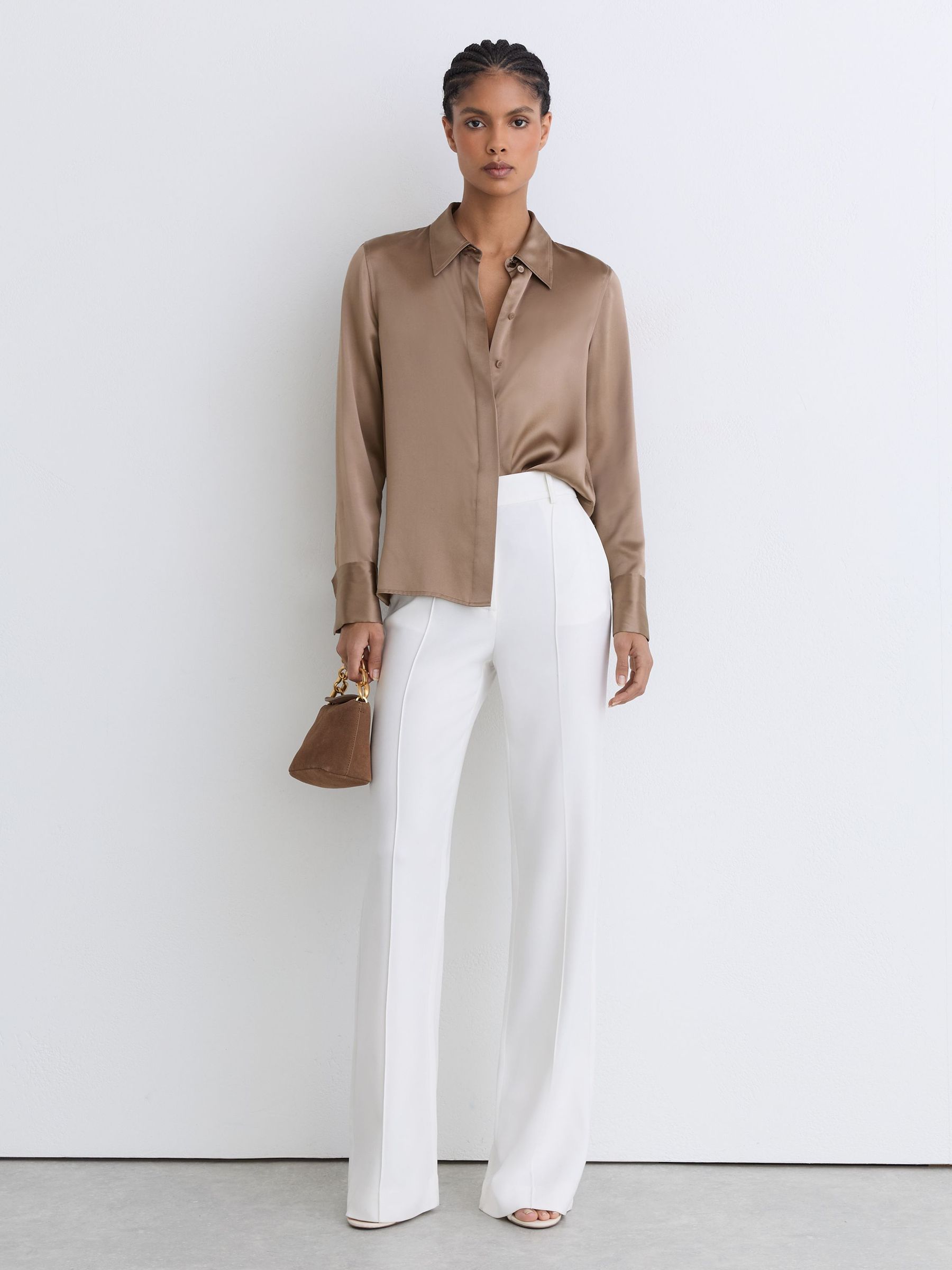 Silk-Satin Concealed-Placket Shirt in Taupe Brown - image 5