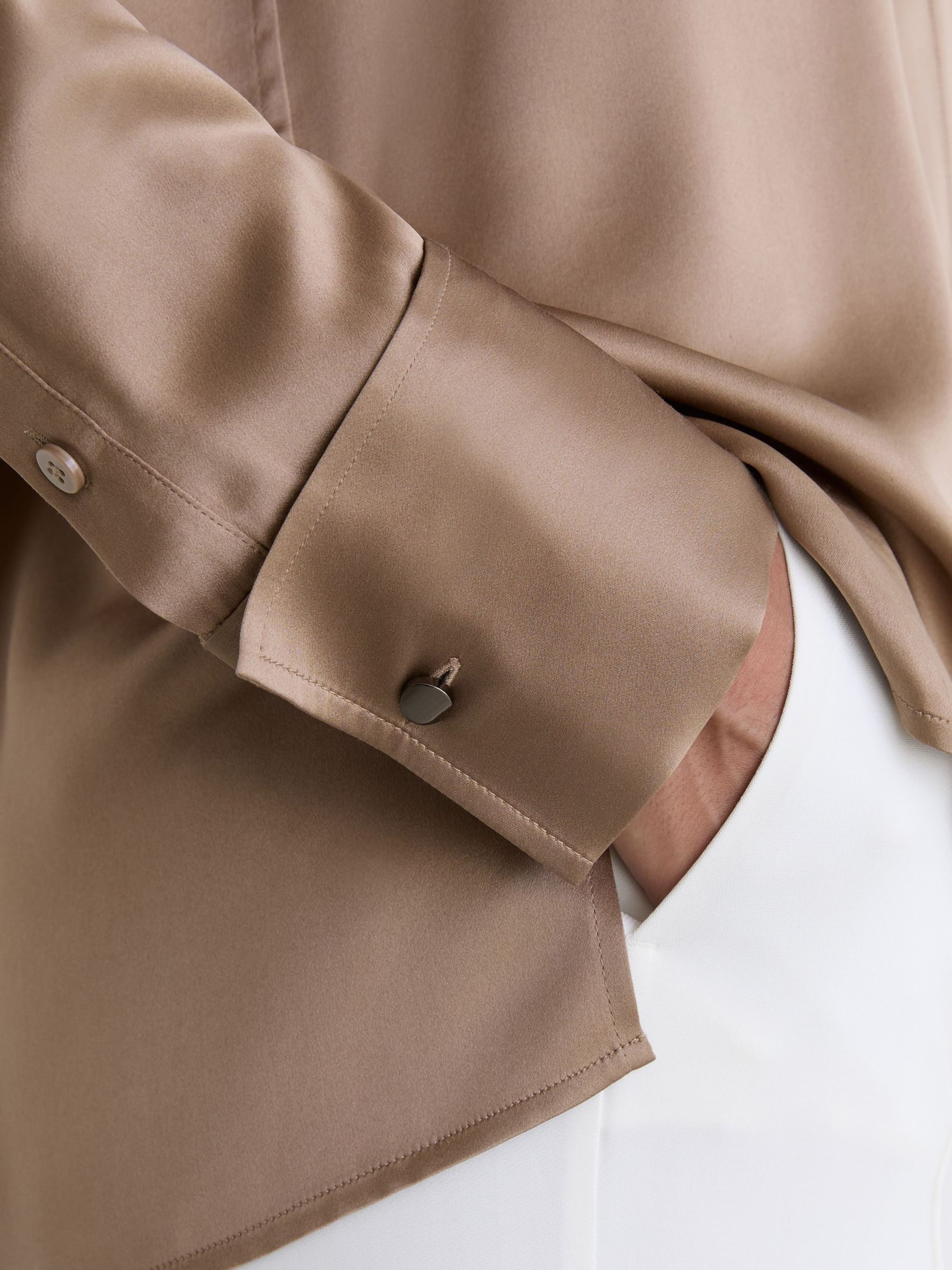 Silk-Satin Concealed-Placket Shirt in Taupe Brown - image 4