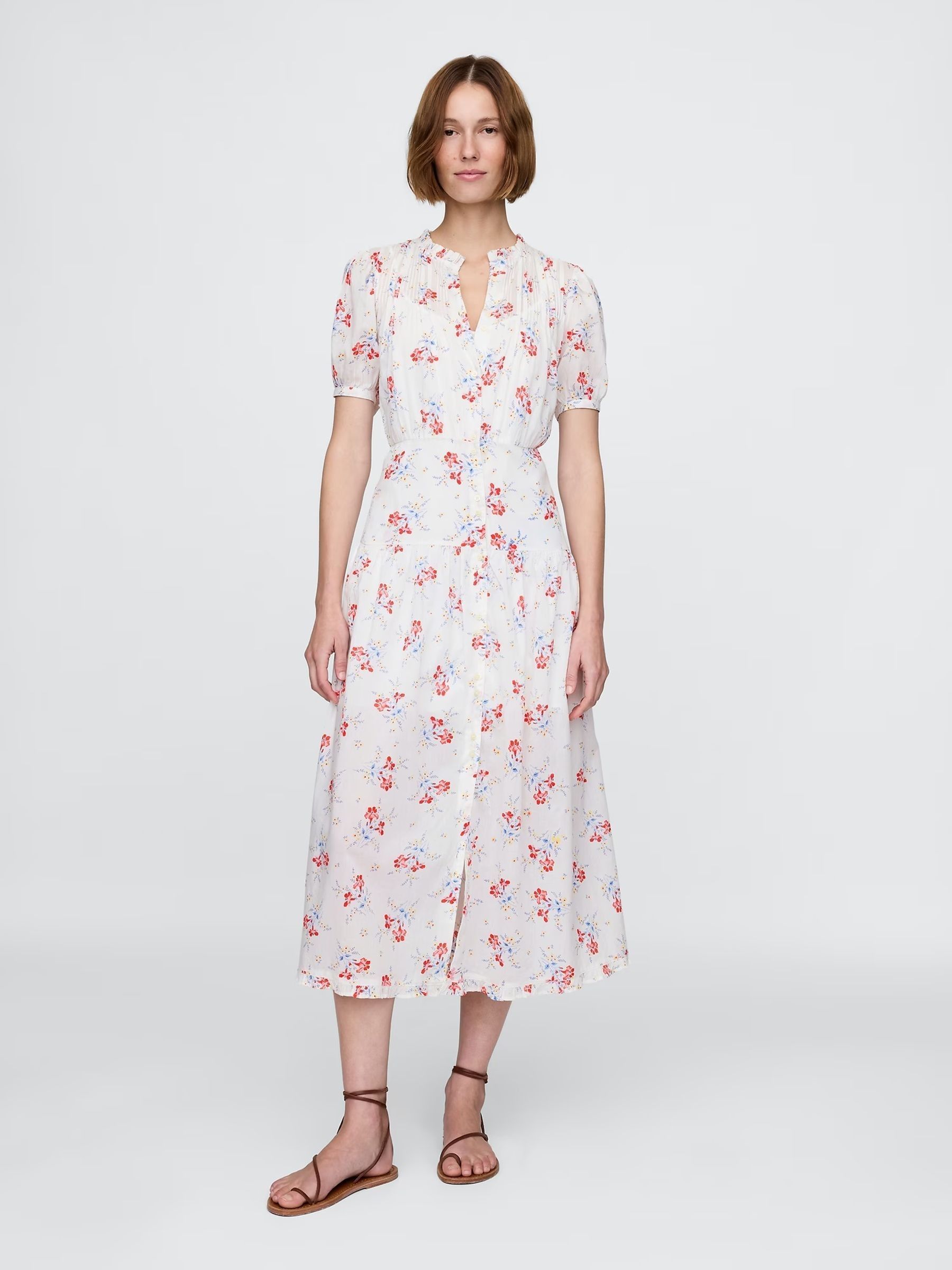 White DEN Pintuck Floral Midi Dress | Gap