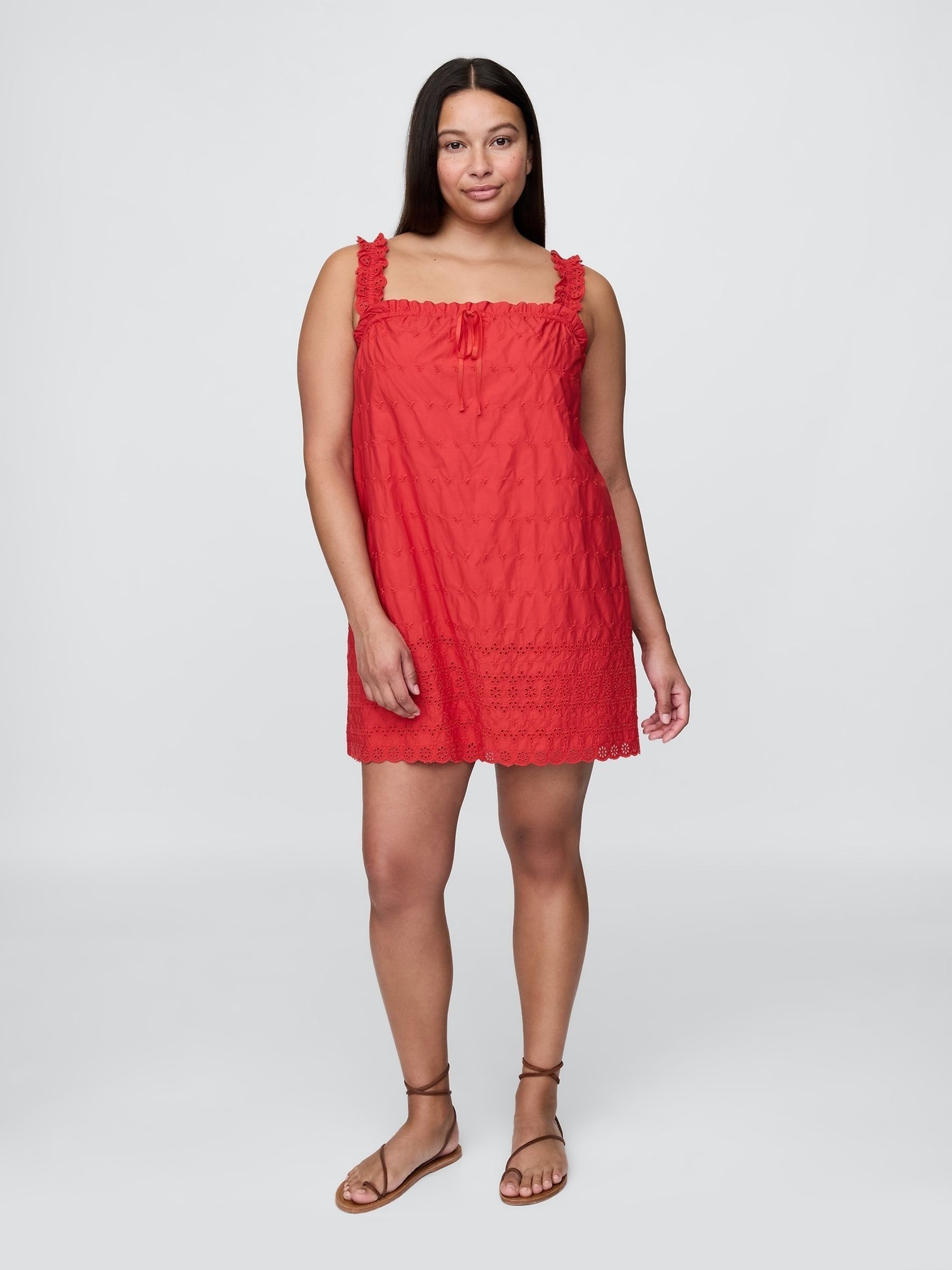 Red DÔEN Eyelet Shift Mini Dress - Image 4 of 8