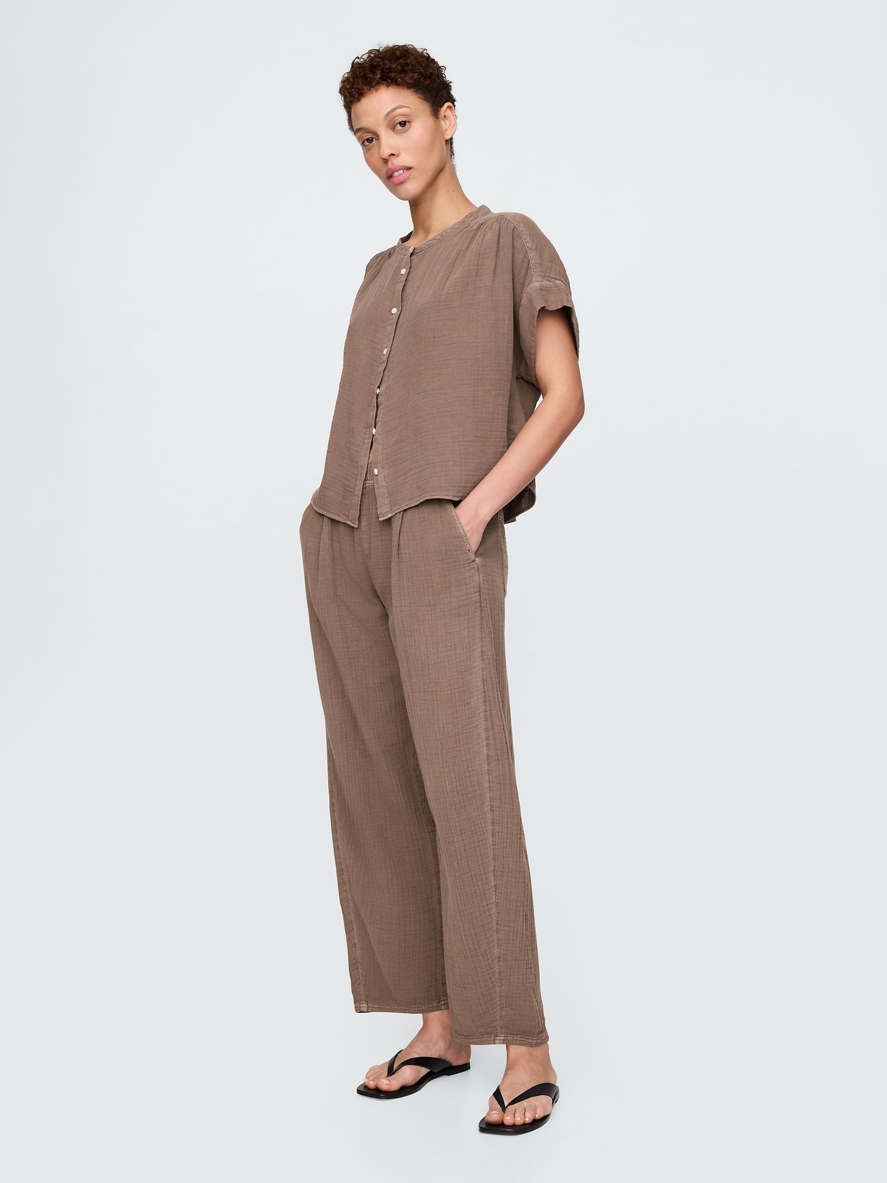 Brown Crinkle Gauze Dolman Short Sleeve Shirt - Image 3 of 4