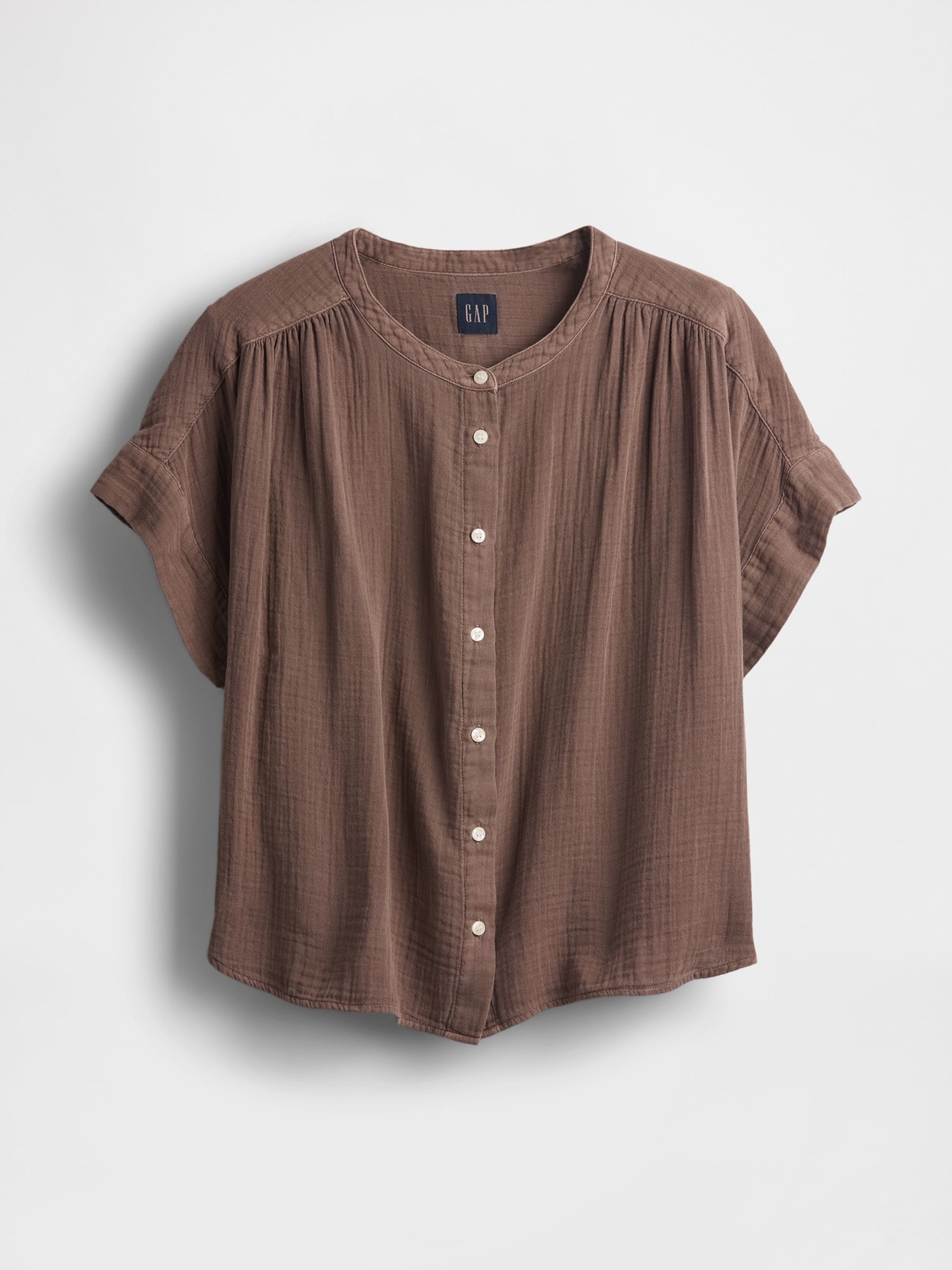 Brown Crinkle Gauze Dolman Short Sleeve Shirt - Image 4 of 4