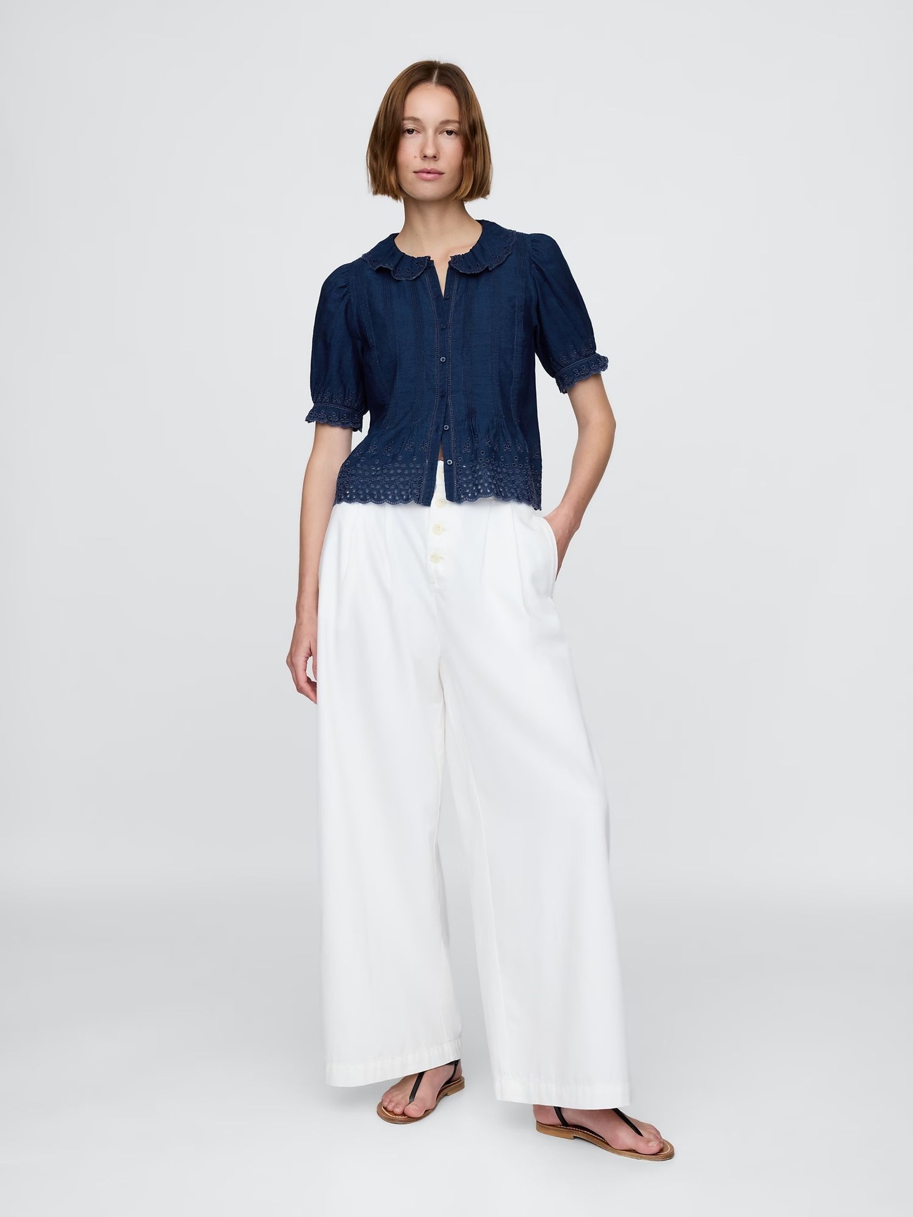 Navy DÔEN Eyelet Short Sleeve Shirt - Image 3 of 6
