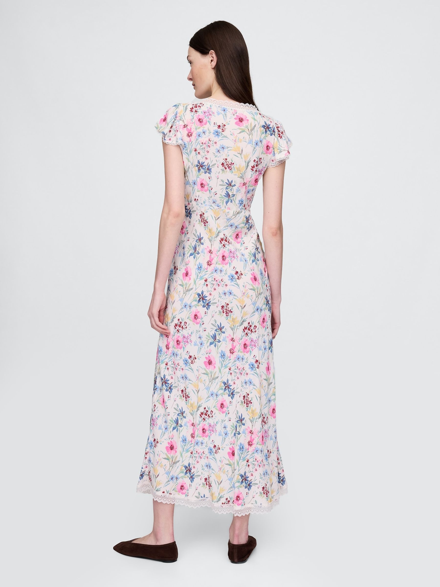 White Floral Crepe Lace-Trim V-Neck Maxi Dress - Image 2 of 5