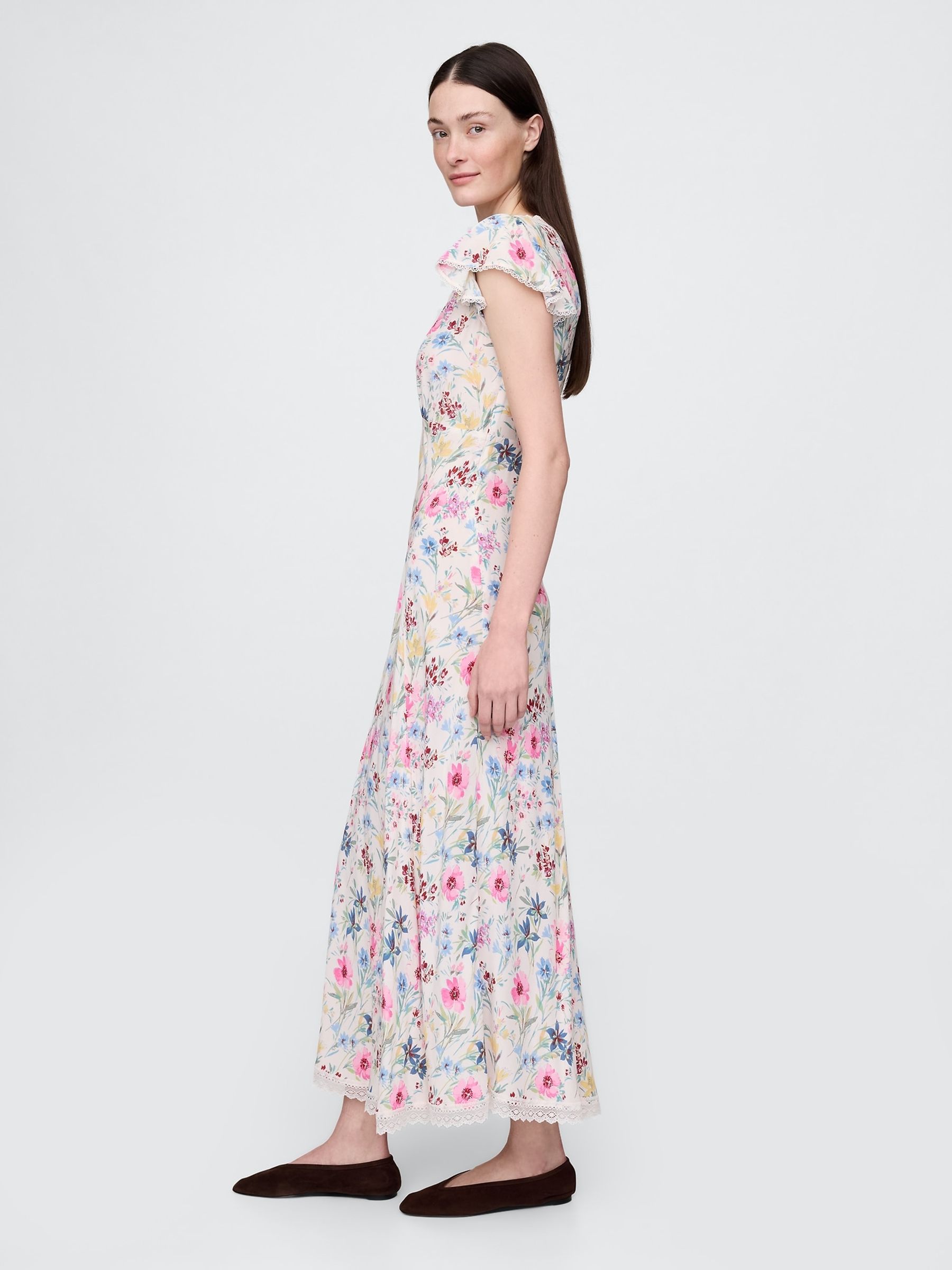 White Floral Crepe Lace-Trim V-Neck Maxi Dress - Image 4 of 5