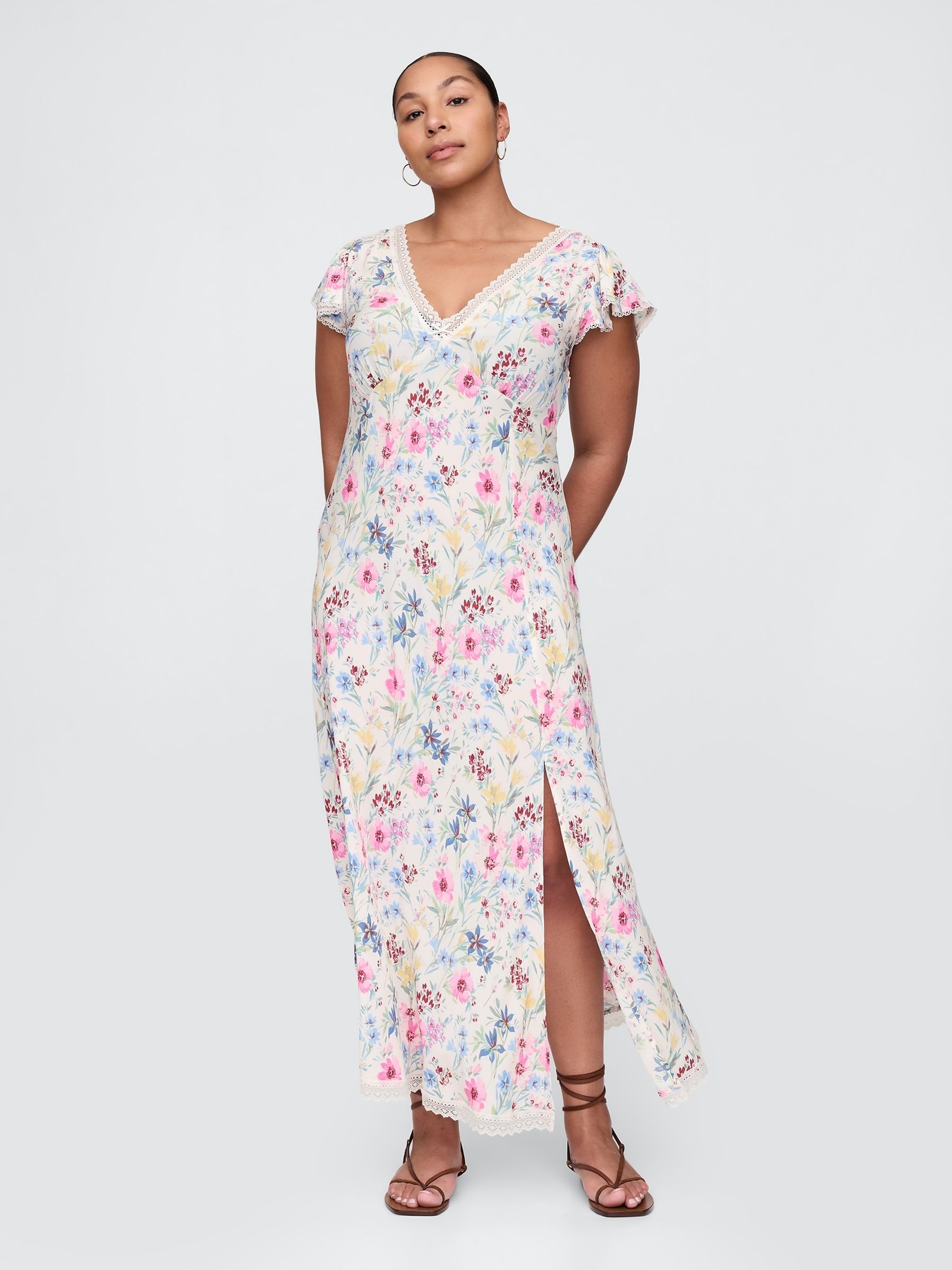 White Floral Crepe Lace-Trim V-Neck Maxi Dress - Image 5 of 5