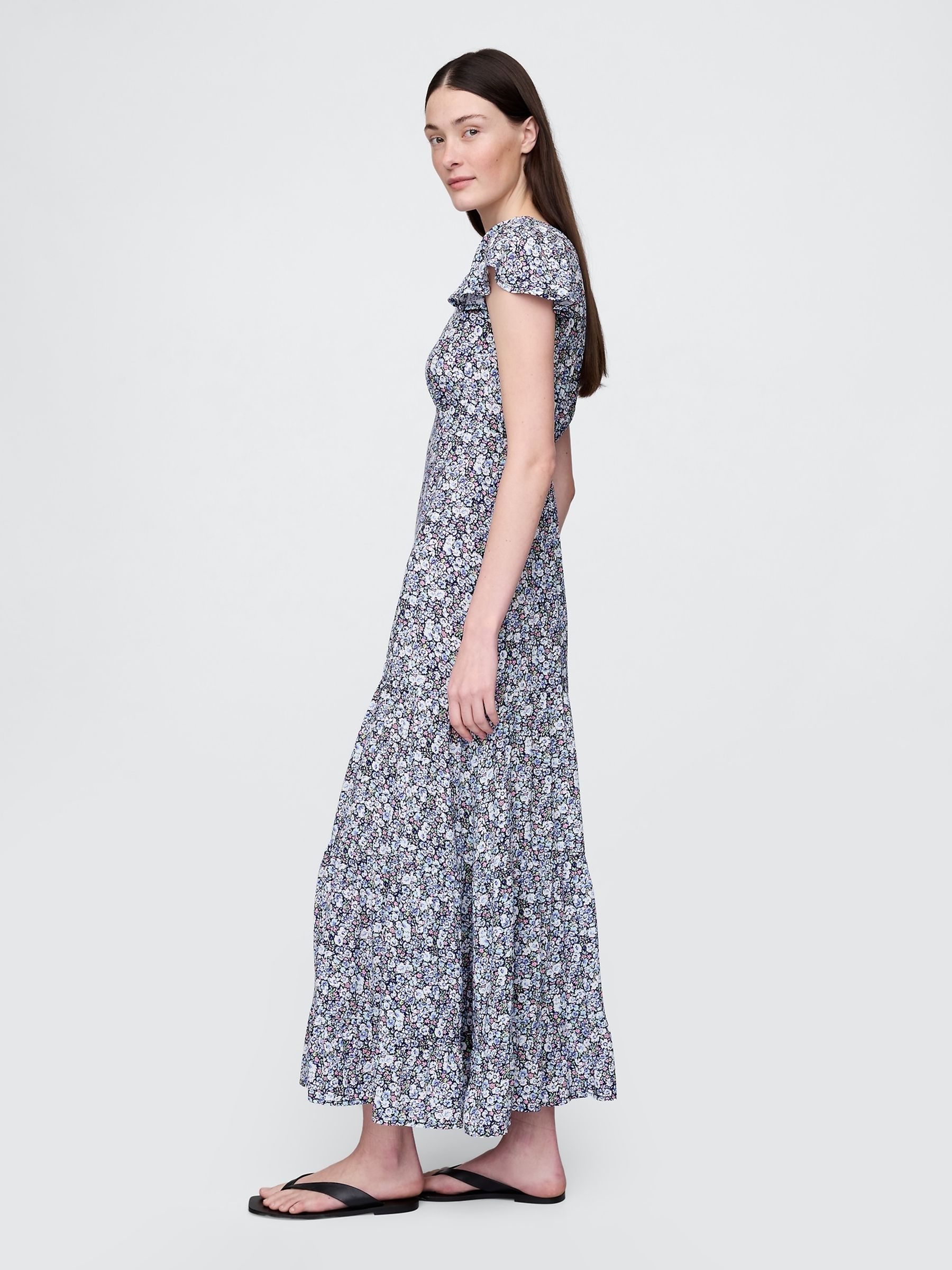 Blue Floral Tiered V-Neck Maxi Dress - Image 3 of 6