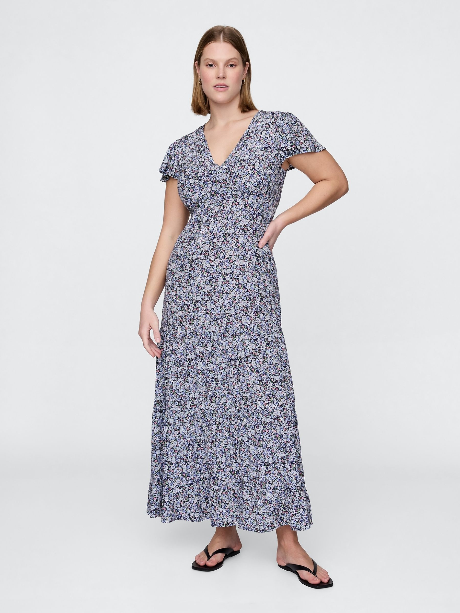 Blue Floral Tiered V-Neck Maxi Dress - Image 4 of 6