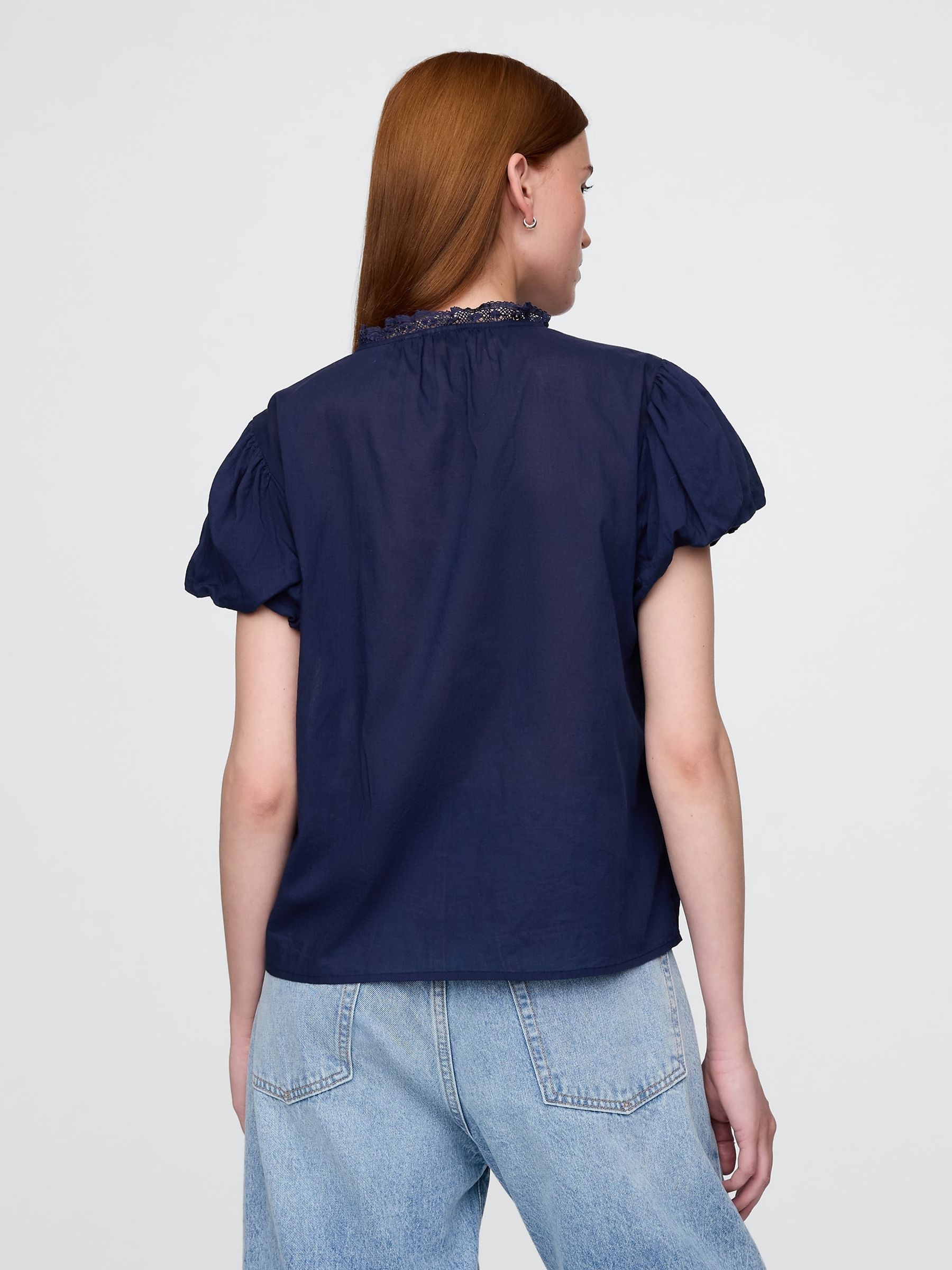 Navy Blue Cotton Button Through Bubble-Sleeve Top - Image 2 of 6
