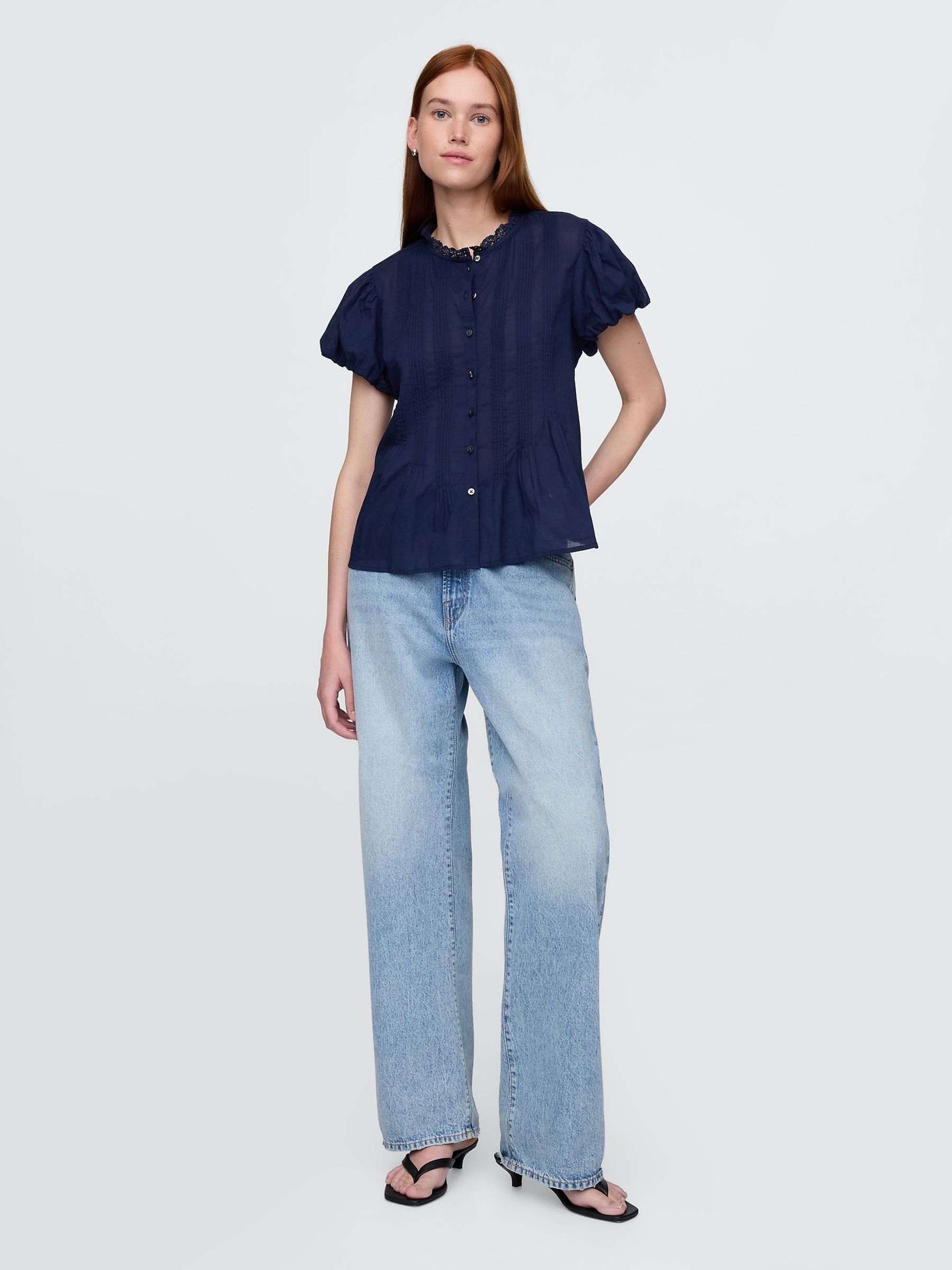 Navy Blue Cotton Button Through Bubble-Sleeve Top - Image 3 of 6