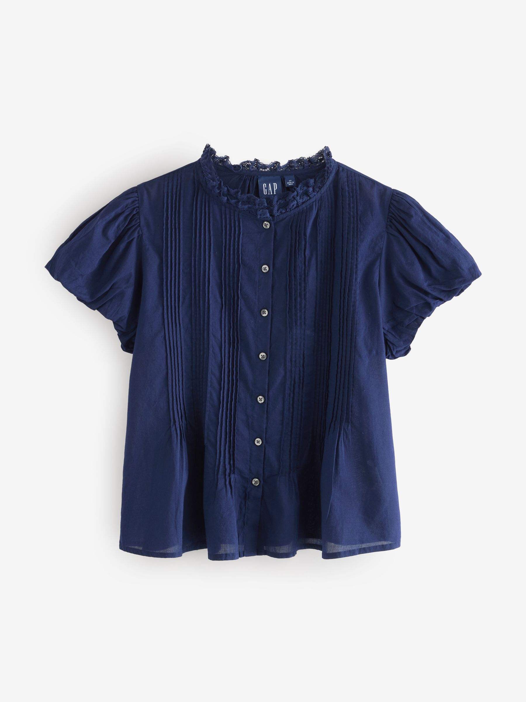 Navy Blue Cotton Button Through Bubble-Sleeve Top - Image 4 of 6