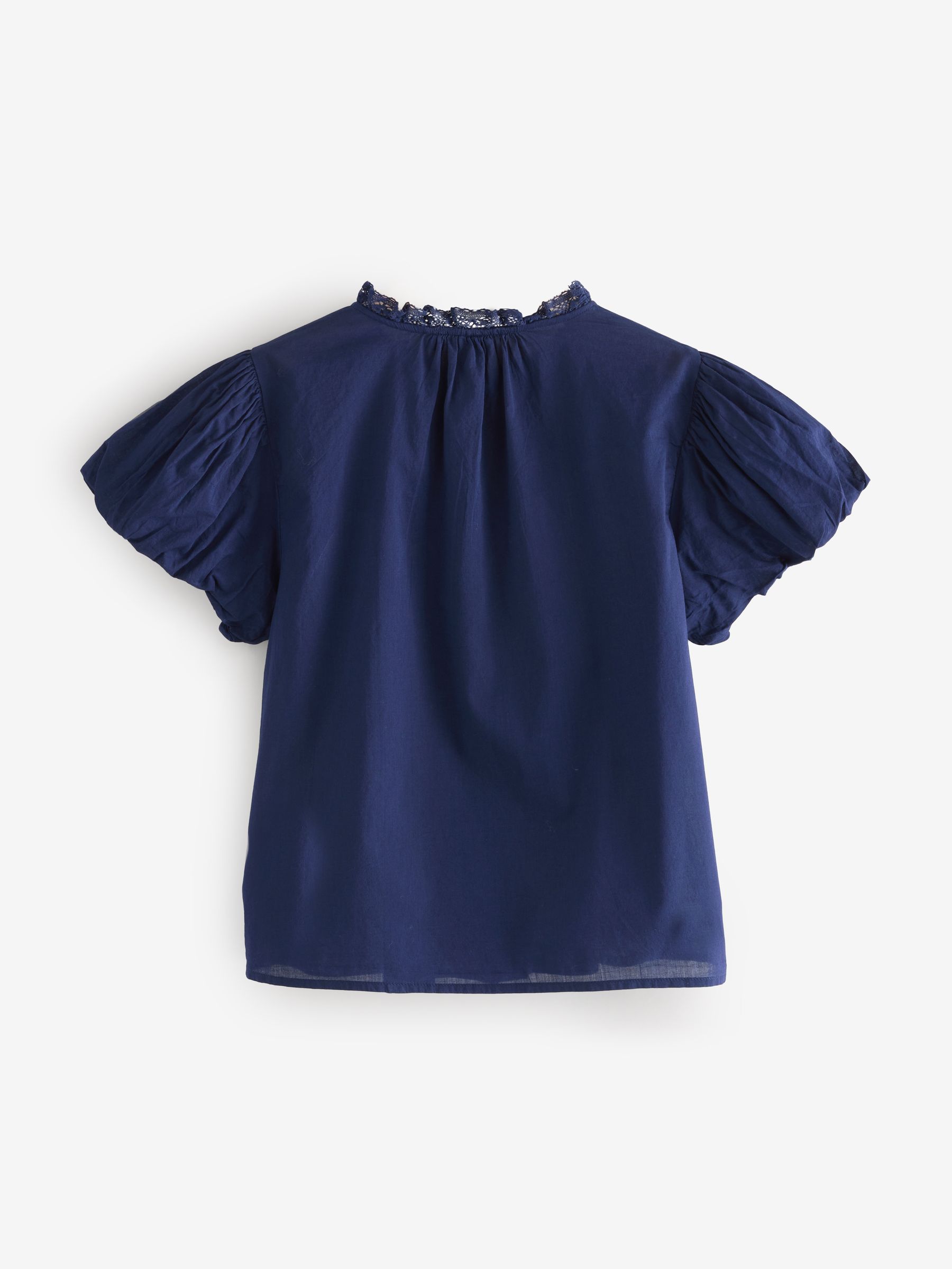 Navy Blue Cotton Button Through Bubble-Sleeve Top - Image 5 of 6