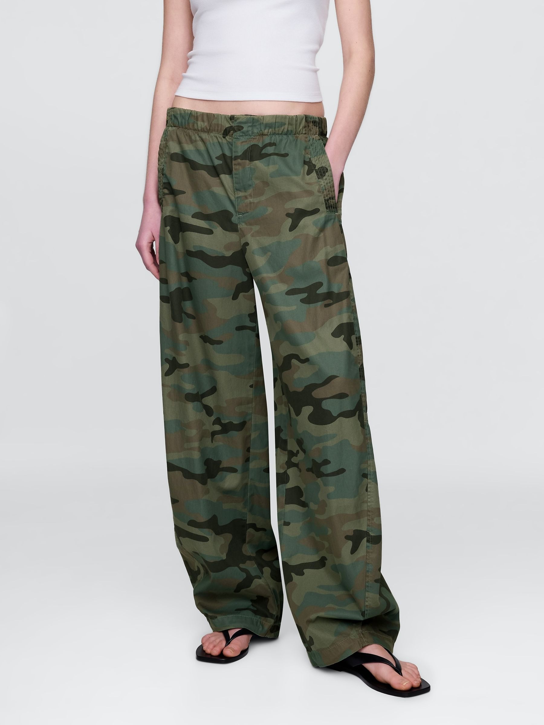 Green Camo Low Waisted Barrel Parachute Trousers - Image 1 of 5