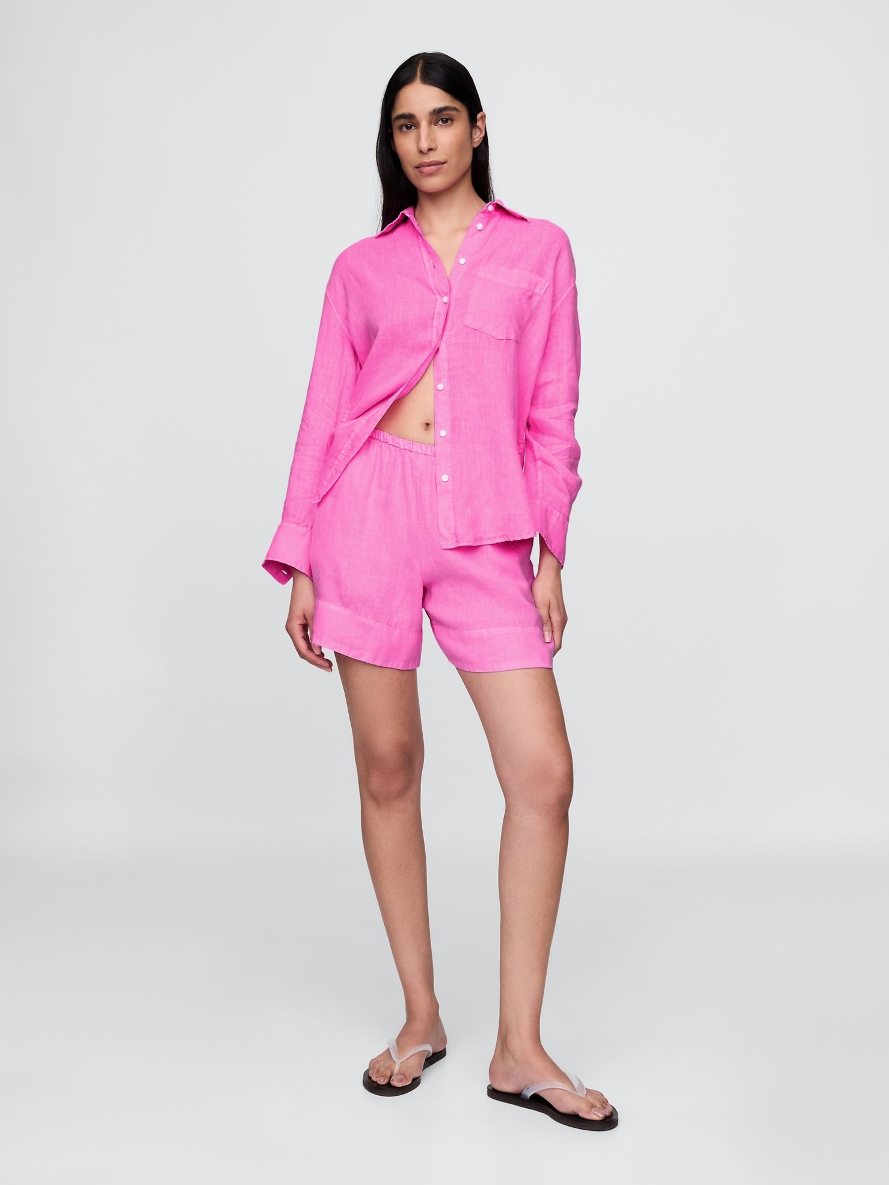 Pink 100% Linen Button Down Long Sleeve Oversized Shirt Gap