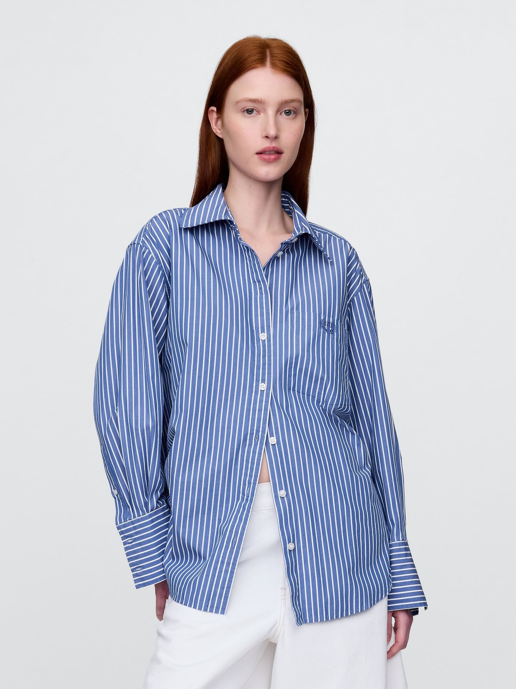 Blue/White Stripe Cotton Poplin Striped Oversized Shirt - Image 1 of 5
