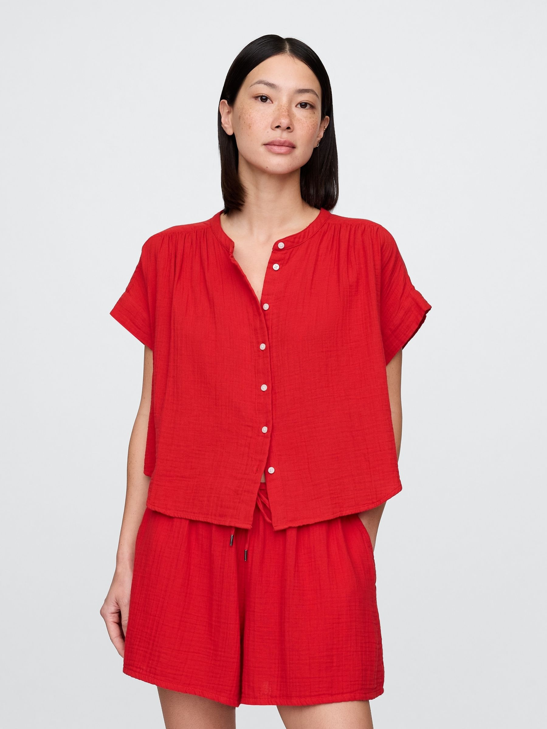 Red 100% Cotton Crinkle Gauze Dolman Short Sleeve Shirt - Image 1 of 4