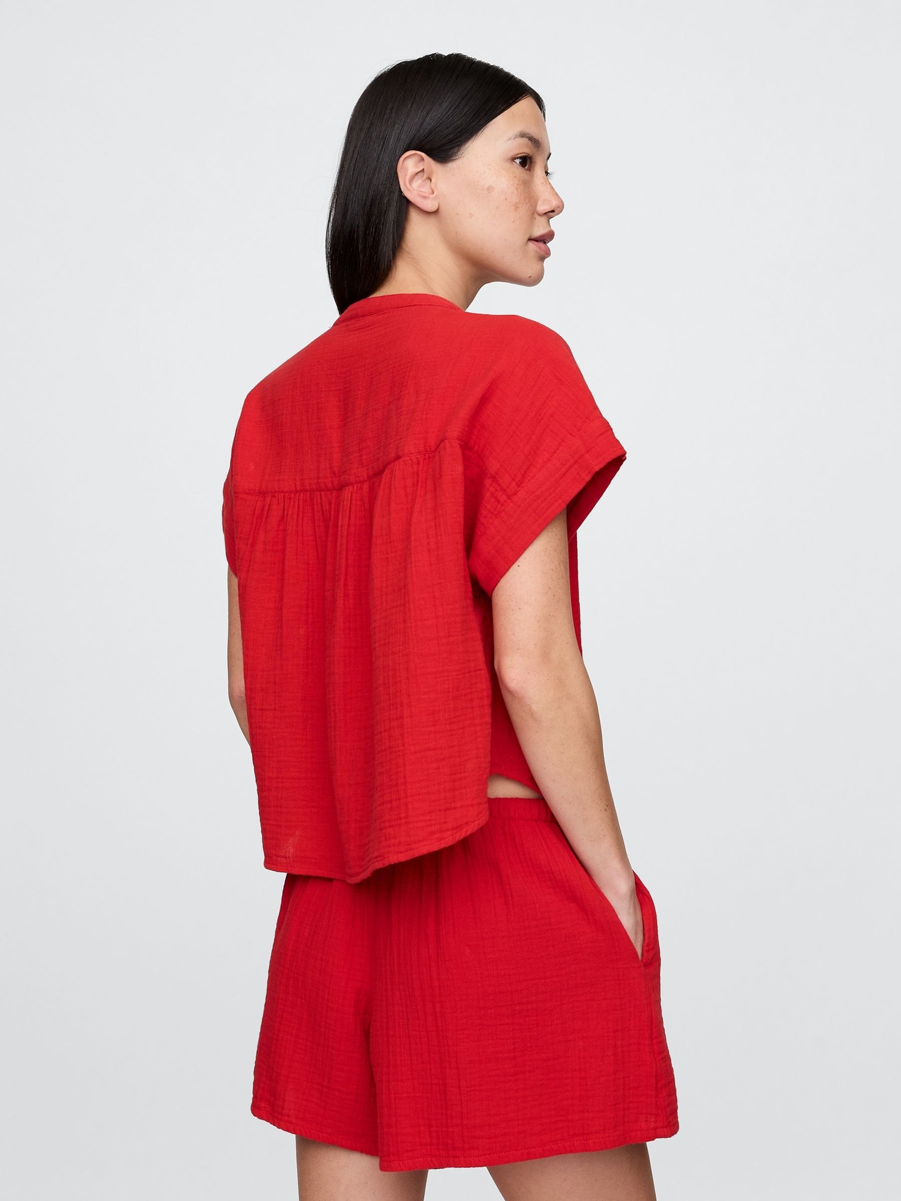 Red 100% Cotton Crinkle Gauze Dolman Short Sleeve Shirt - Image 2 of 4