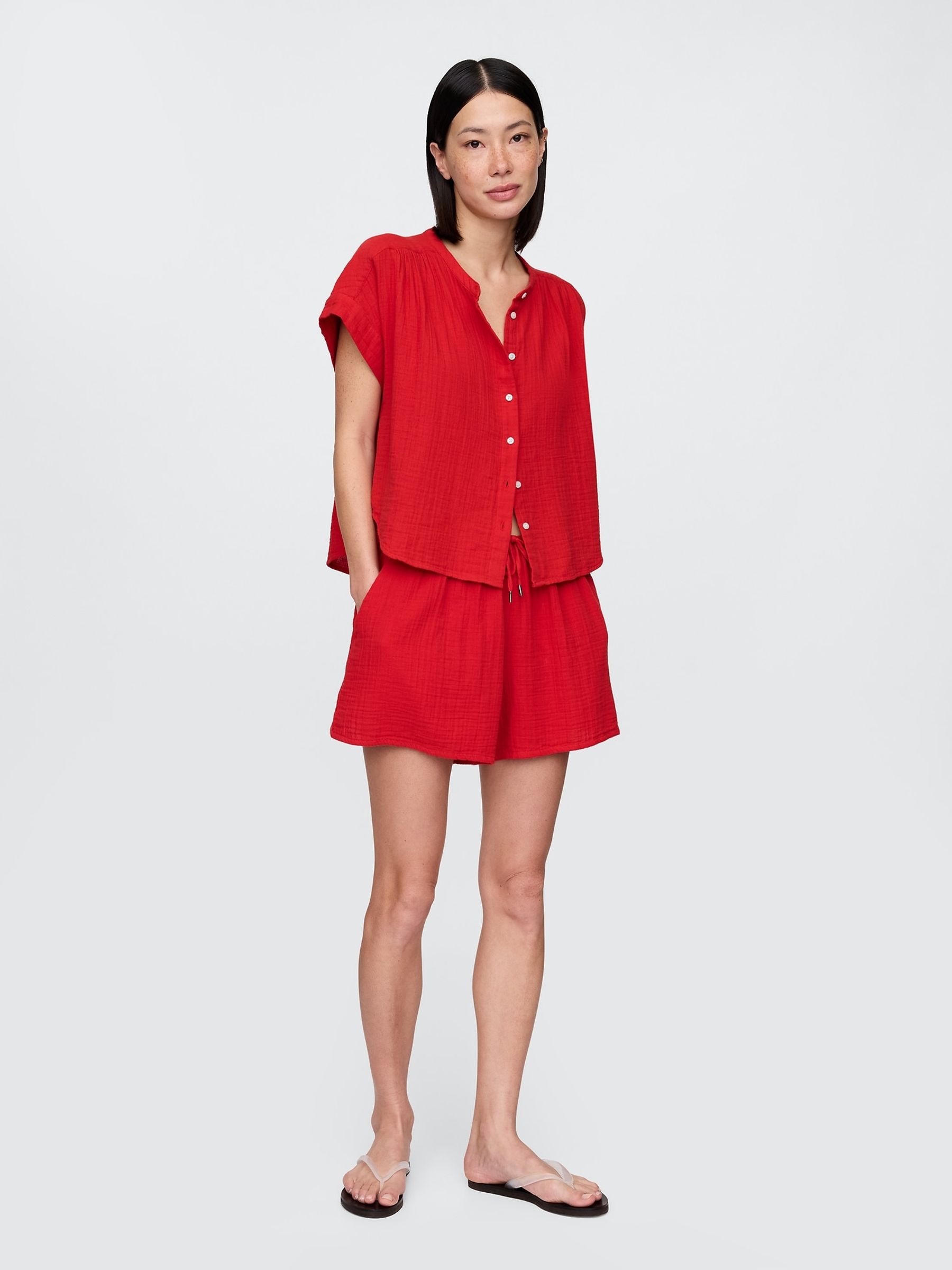 Red 100% Cotton Crinkle Gauze Dolman Short Sleeve Shirt - Image 3 of 4