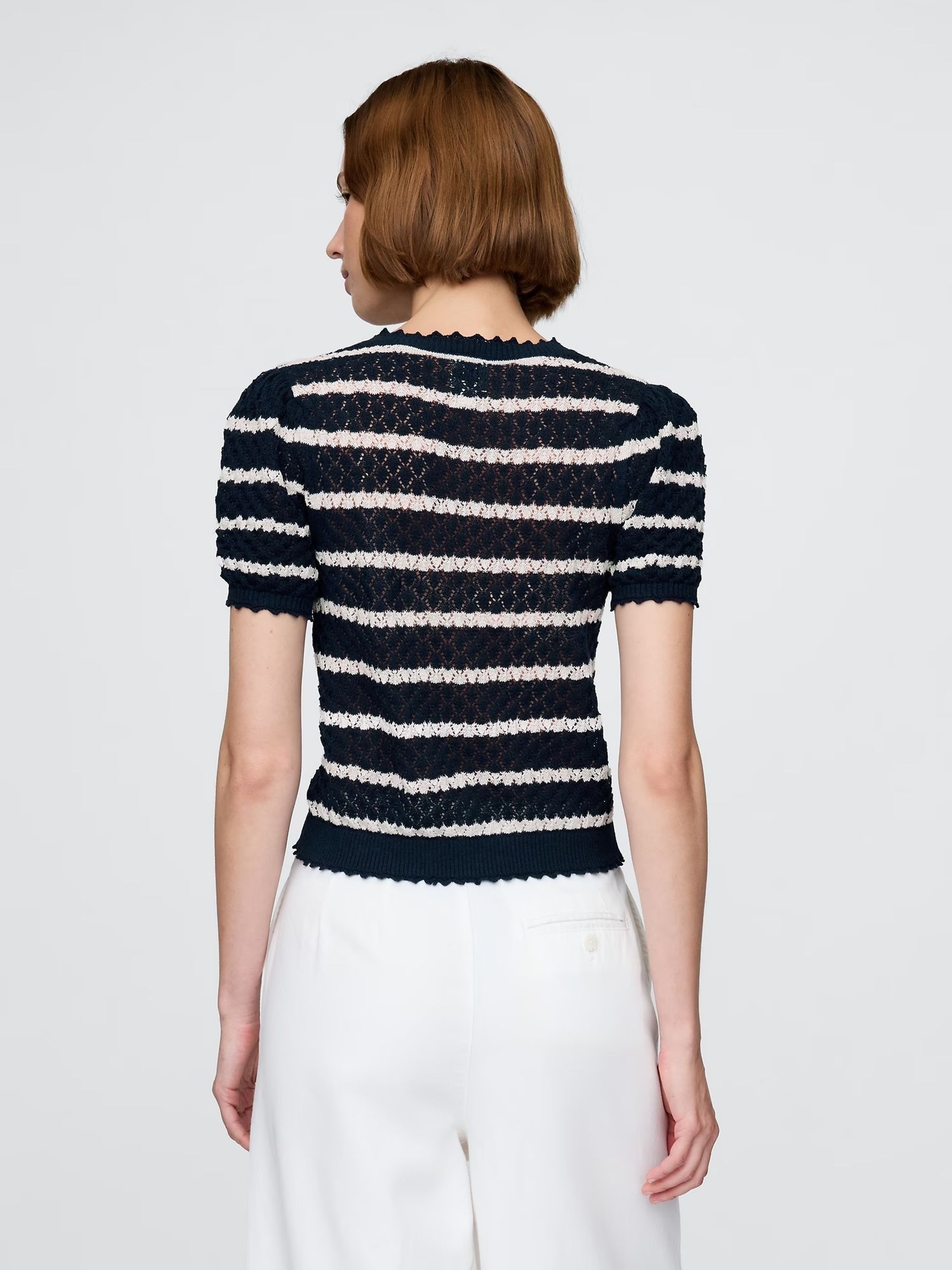 Navy/White Stripe DÔEN Linen-Blend Short Sleeve Pointelle Cardigan - Image 2 of 6