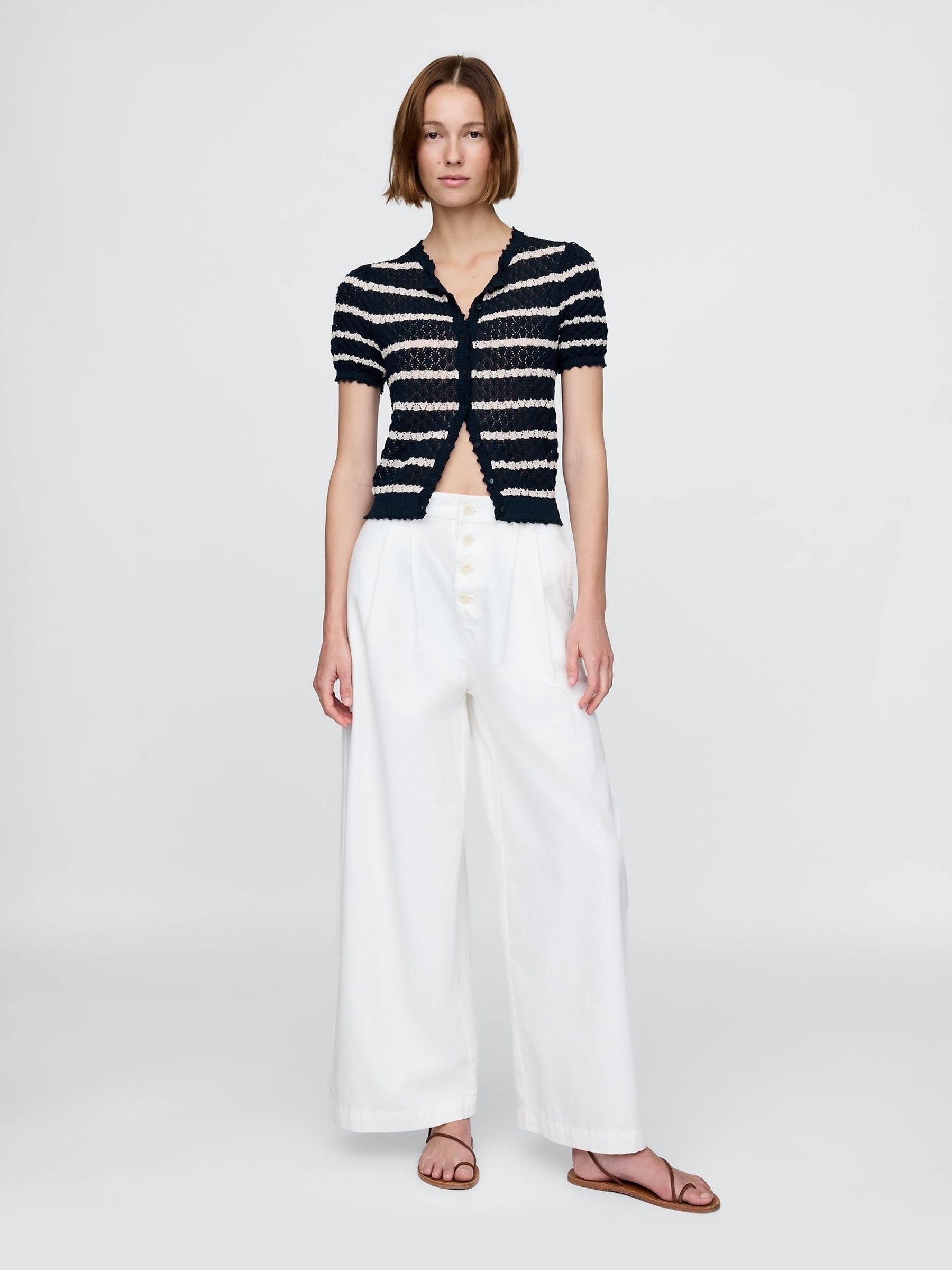 Navy/White Stripe DÔEN Linen-Blend Short Sleeve Pointelle Cardigan - Image 3 of 6