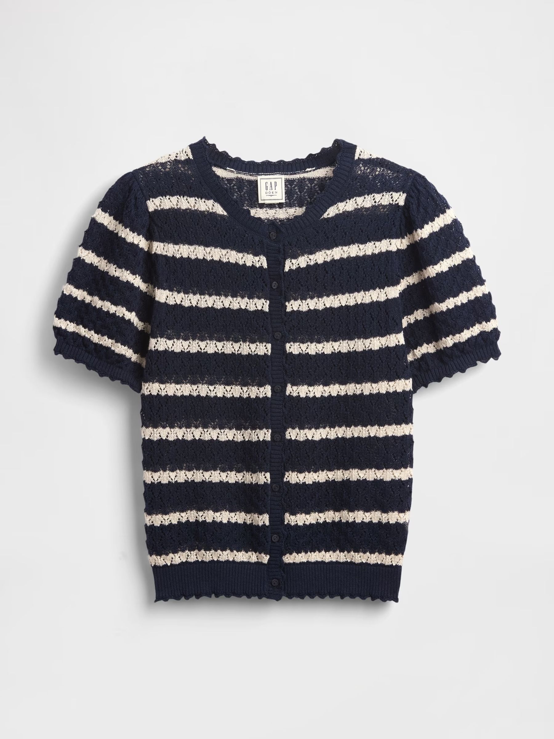 Navy/White Stripe DÔEN Linen-Blend Short Sleeve Pointelle Cardigan - Image 5 of 6