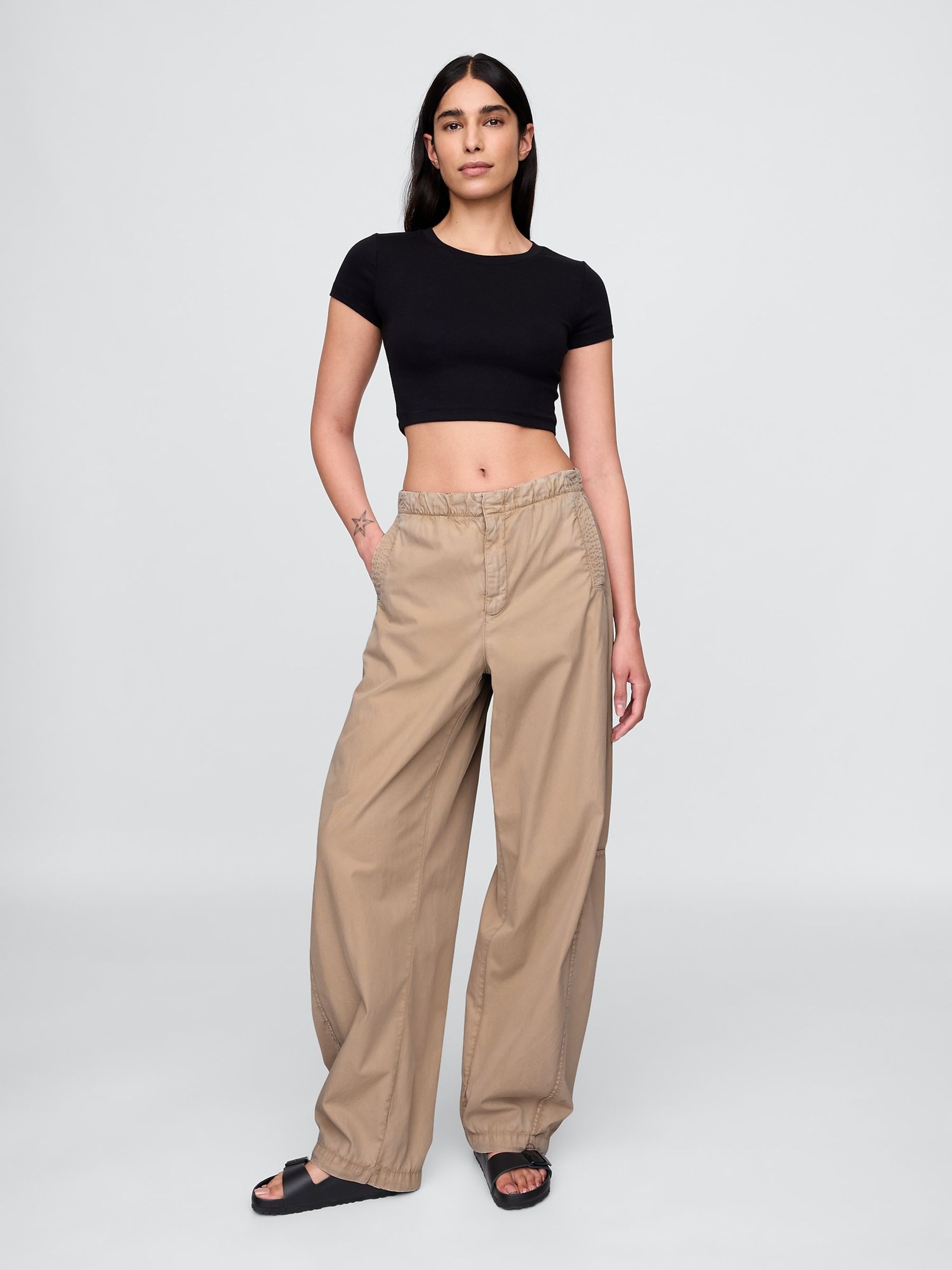 Cream Low Waisted Barrel Parachute Trousers | Gap