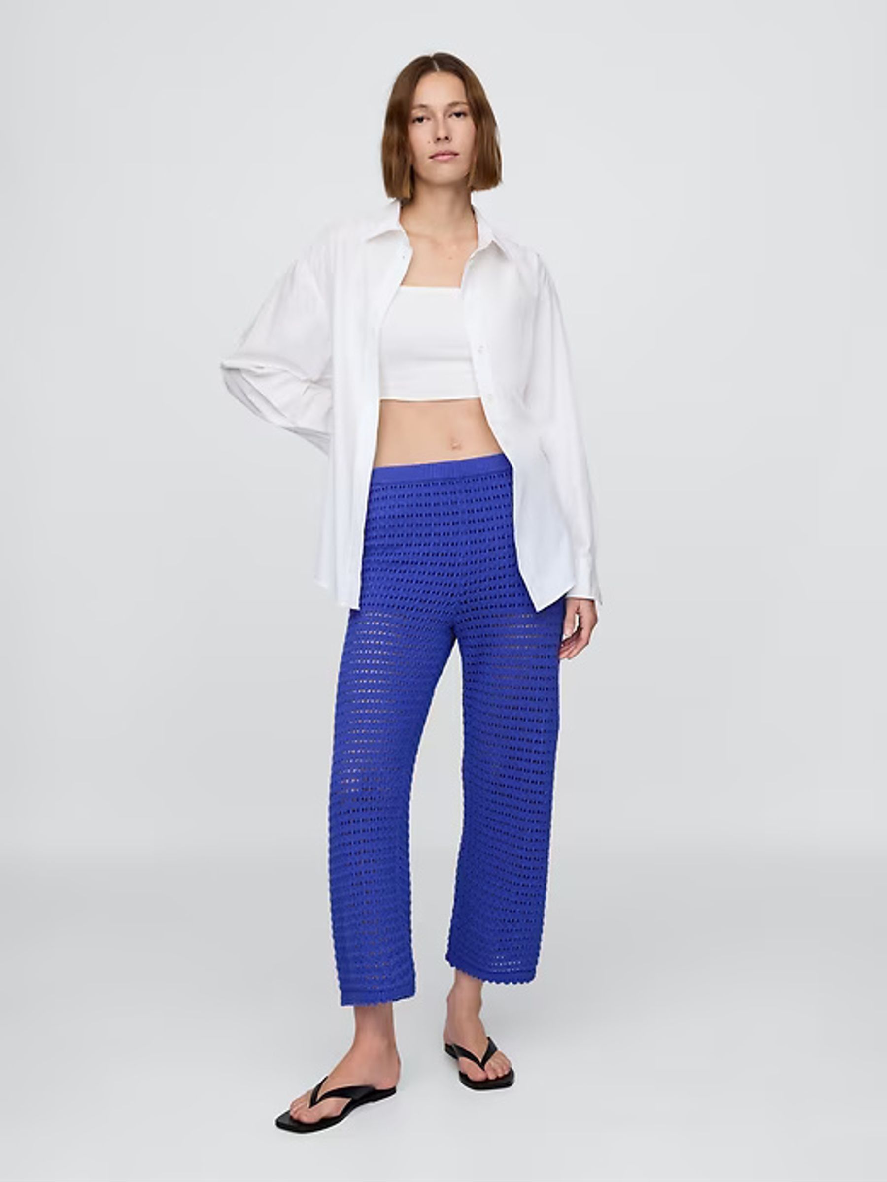 Blue 100% Cotton Crochet Cropped Trousers - Image 3 of 7