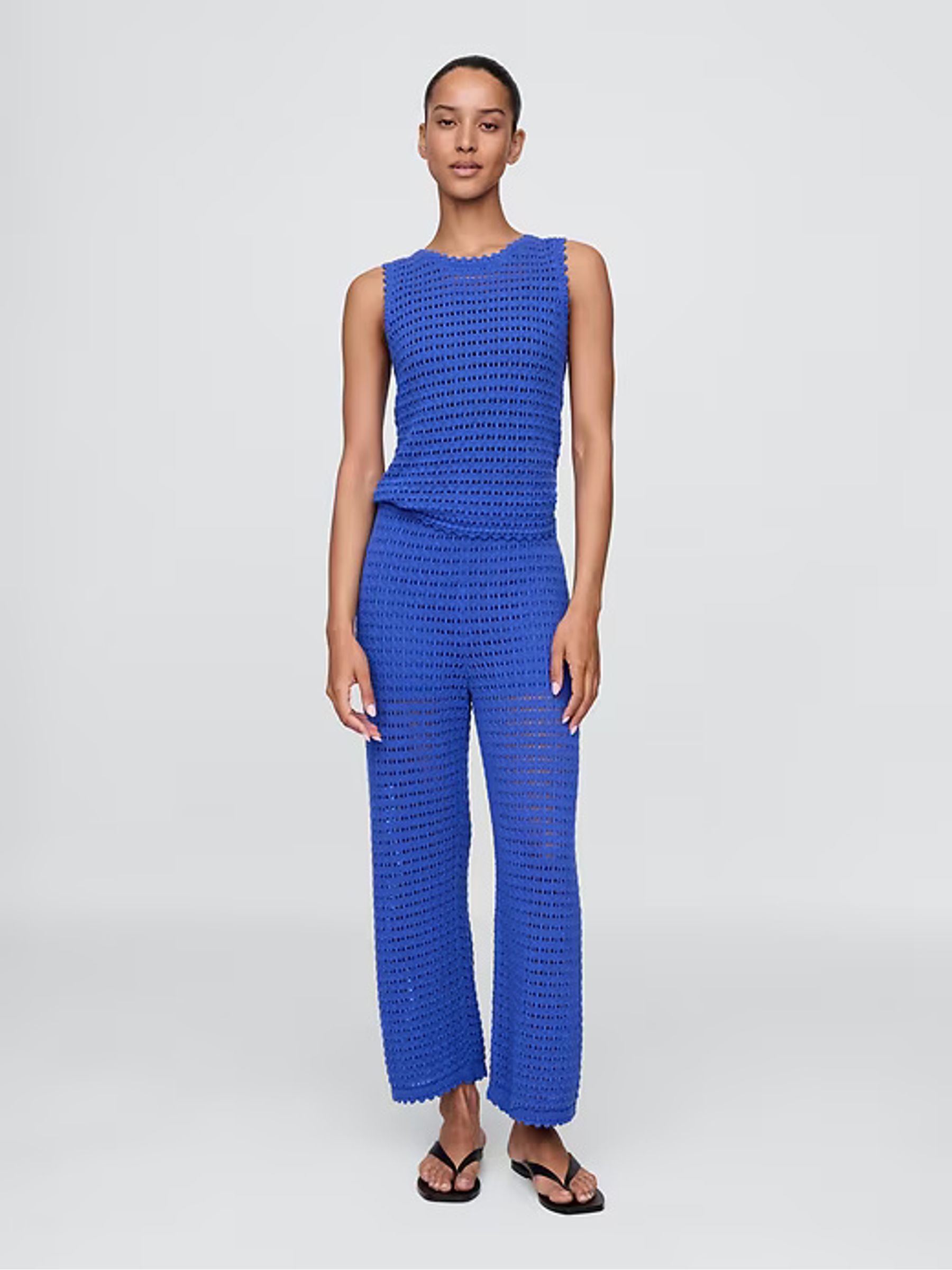 Blue 100% Cotton Crochet Cropped Trousers - Image 4 of 7