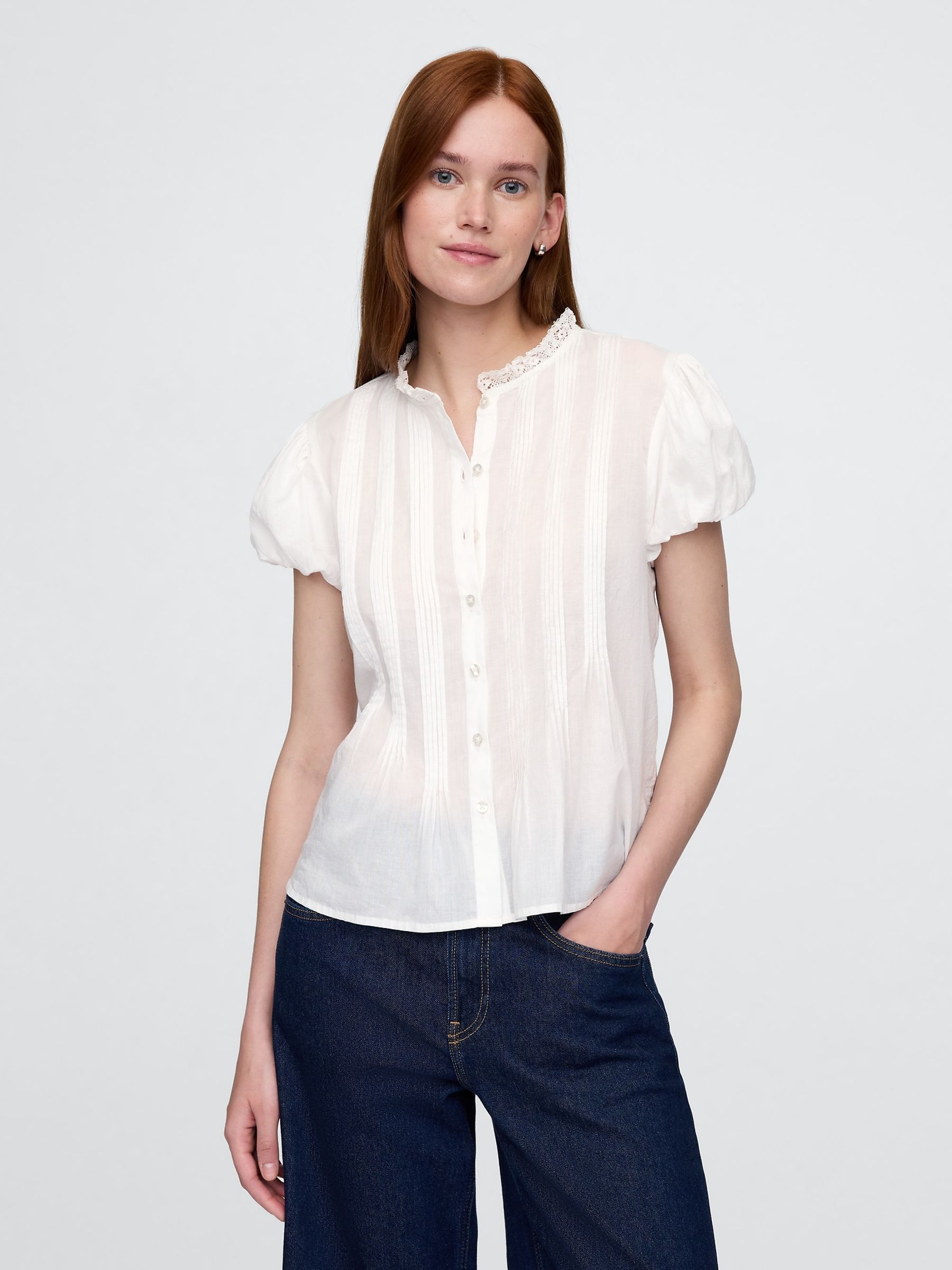 White Cotton Button Through Bubble-Sleeve Top - Image 1 of 8