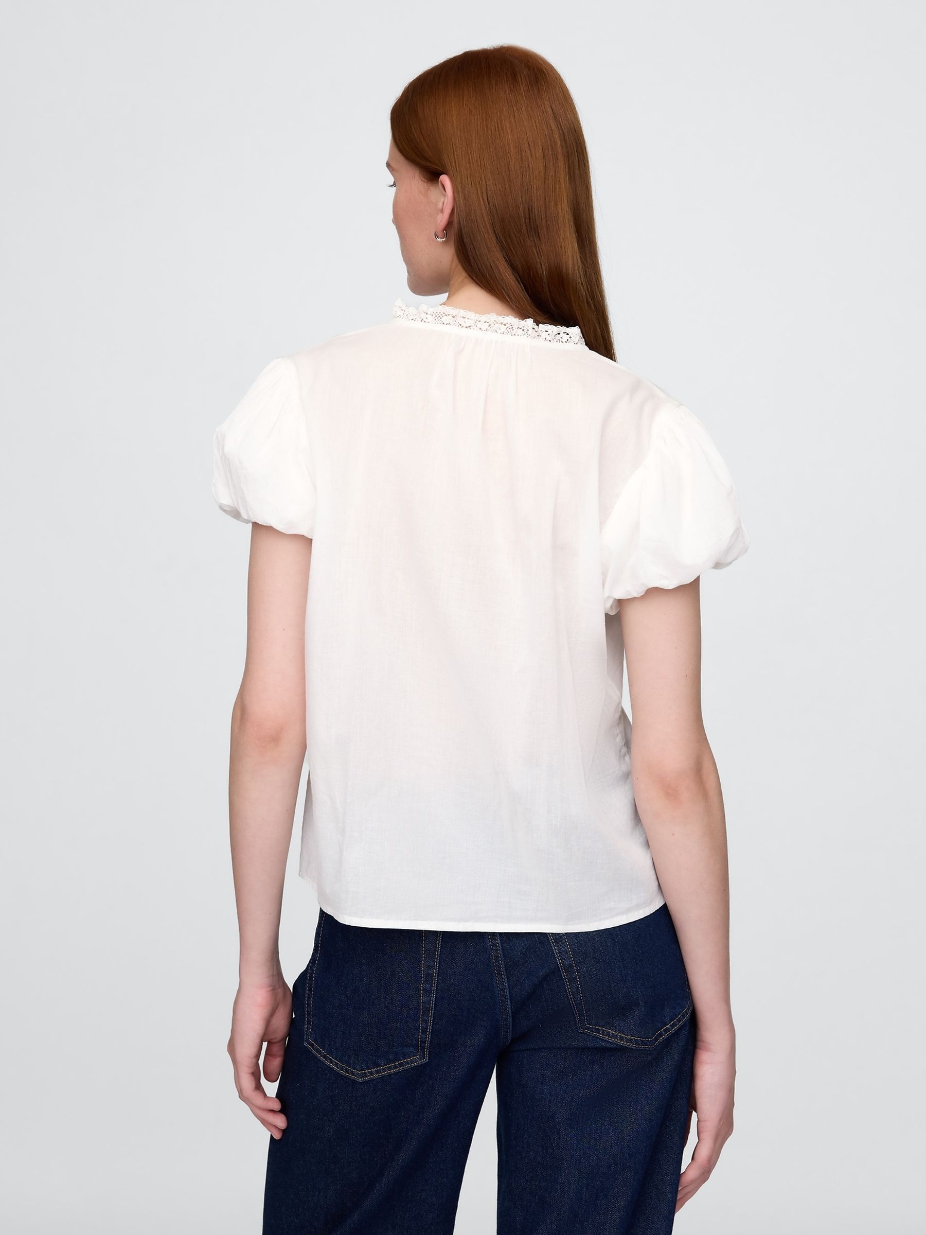 White Cotton Button Through Bubble-Sleeve Top - Image 2 of 8