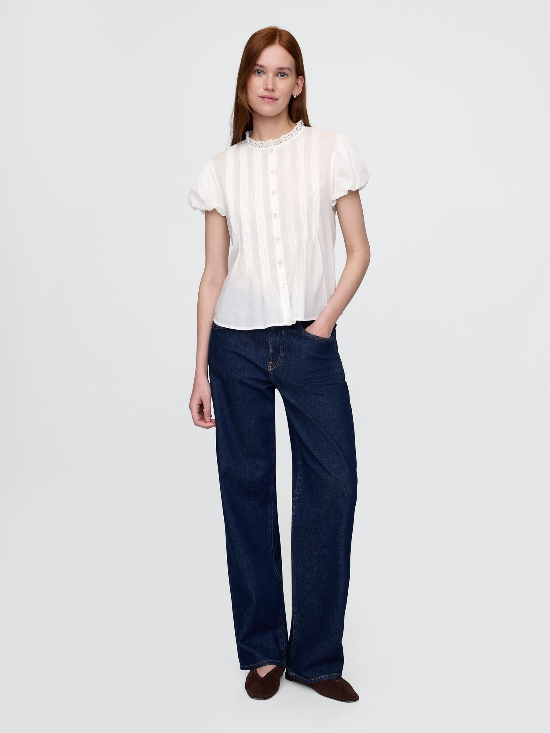 White Cotton Button Through Bubble-Sleeve Top - Image 3 of 8